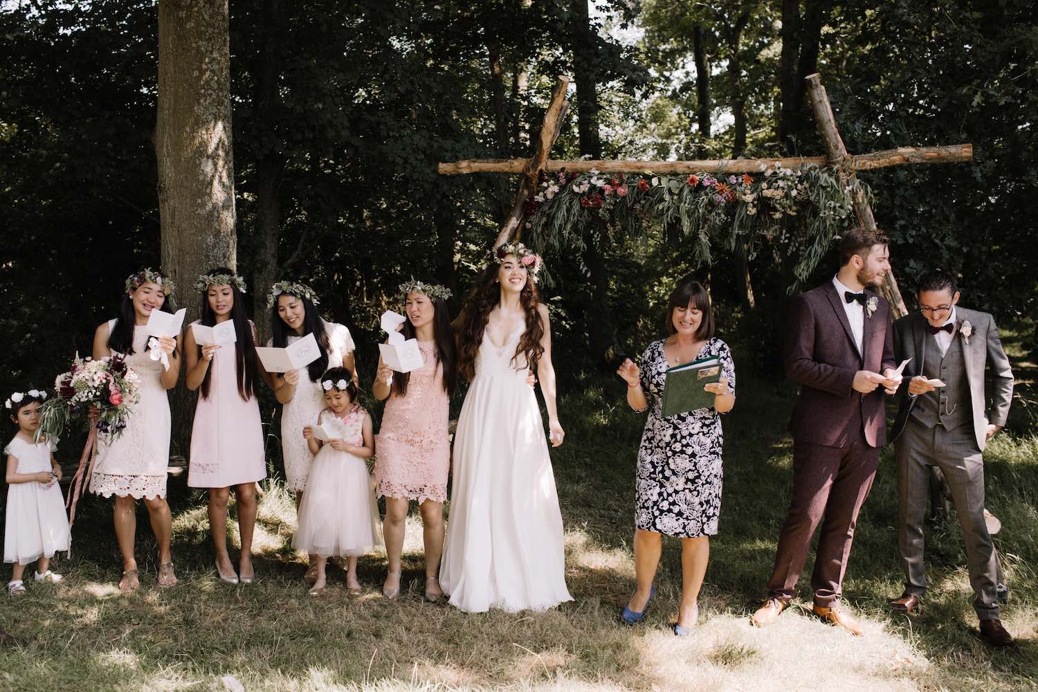 Family in woodland wedding ceremony