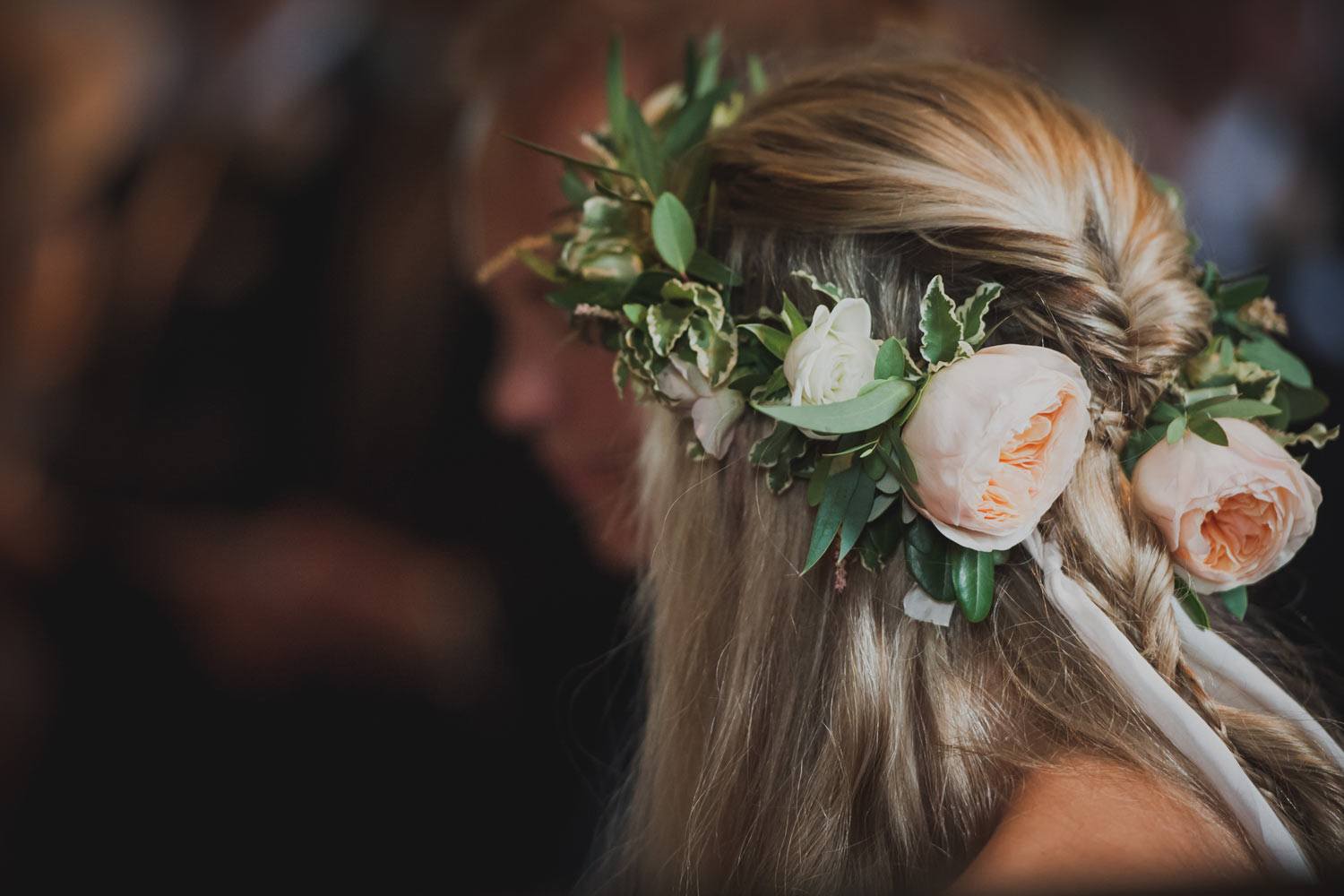 Bridal flower crown with peach garden roses