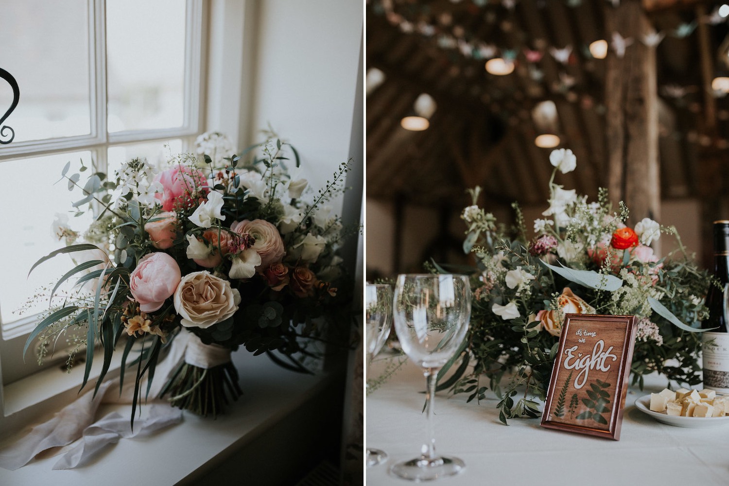 Bridal bouquet on window sill and party table centrepiece