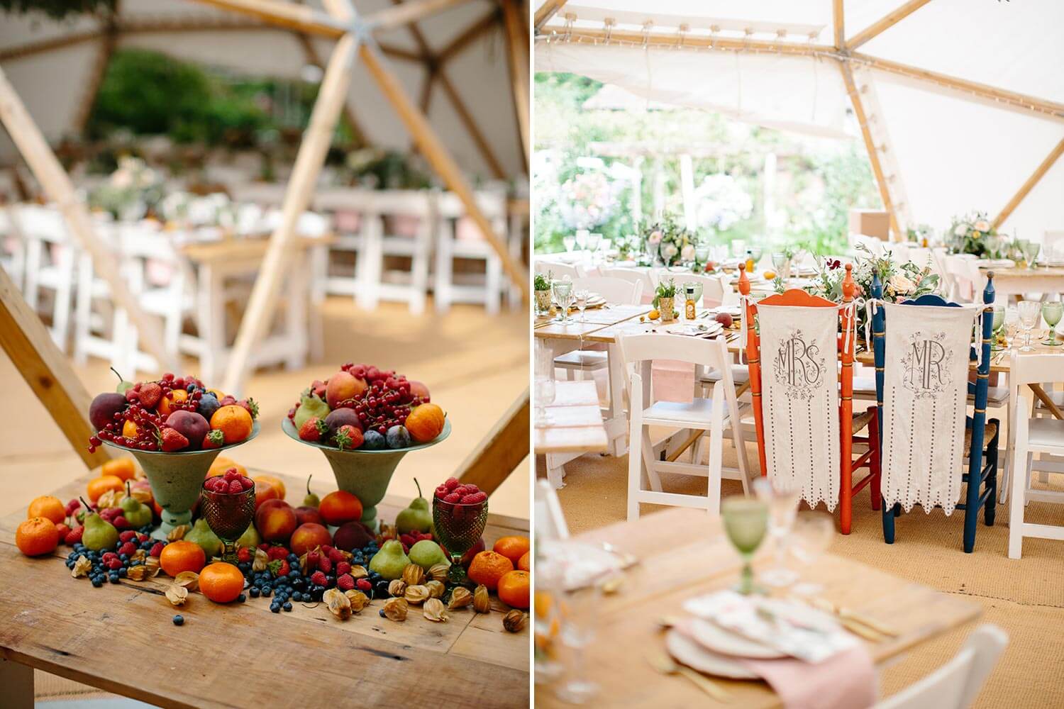 Fruit laden wedding table and marquee tables with flowers