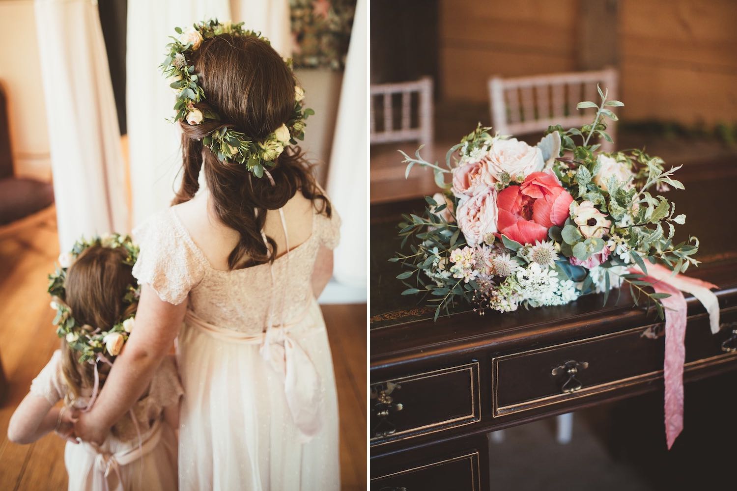 Flower girls wearing rose flower crown and bridal bouquet