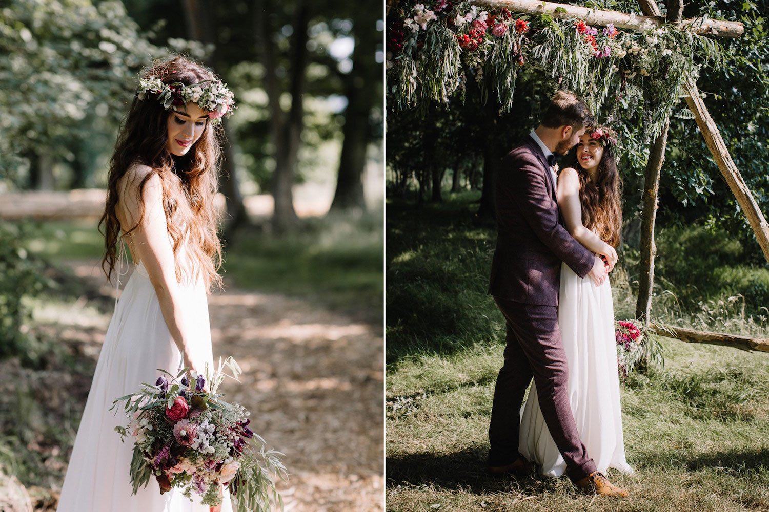 Woodland bride with flower crown and bouquet with groom under ceremony arch