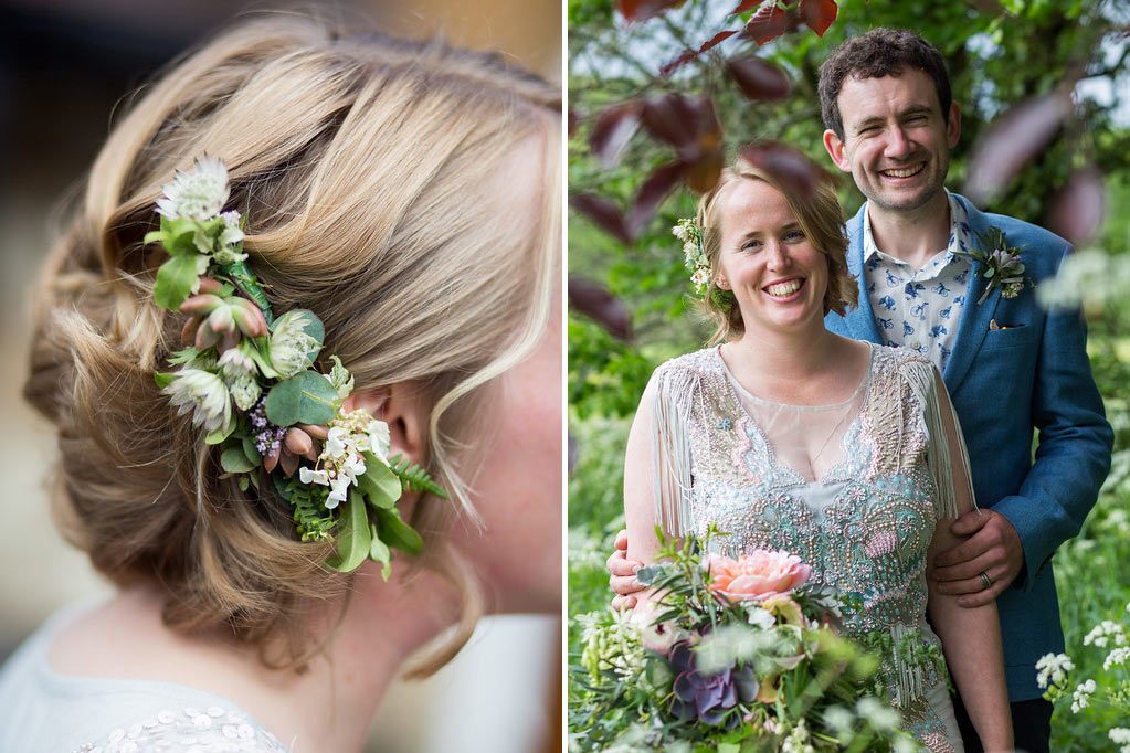 Flower hair clip in blonde hair bride and groom under tree