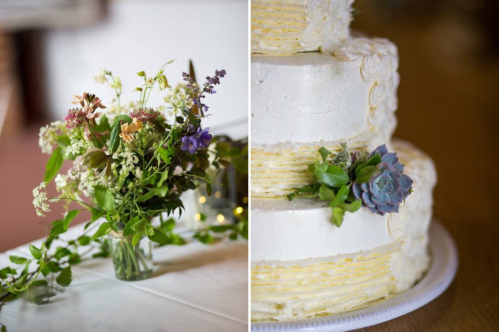 Wedding cake with succulents and wild flowers in jar