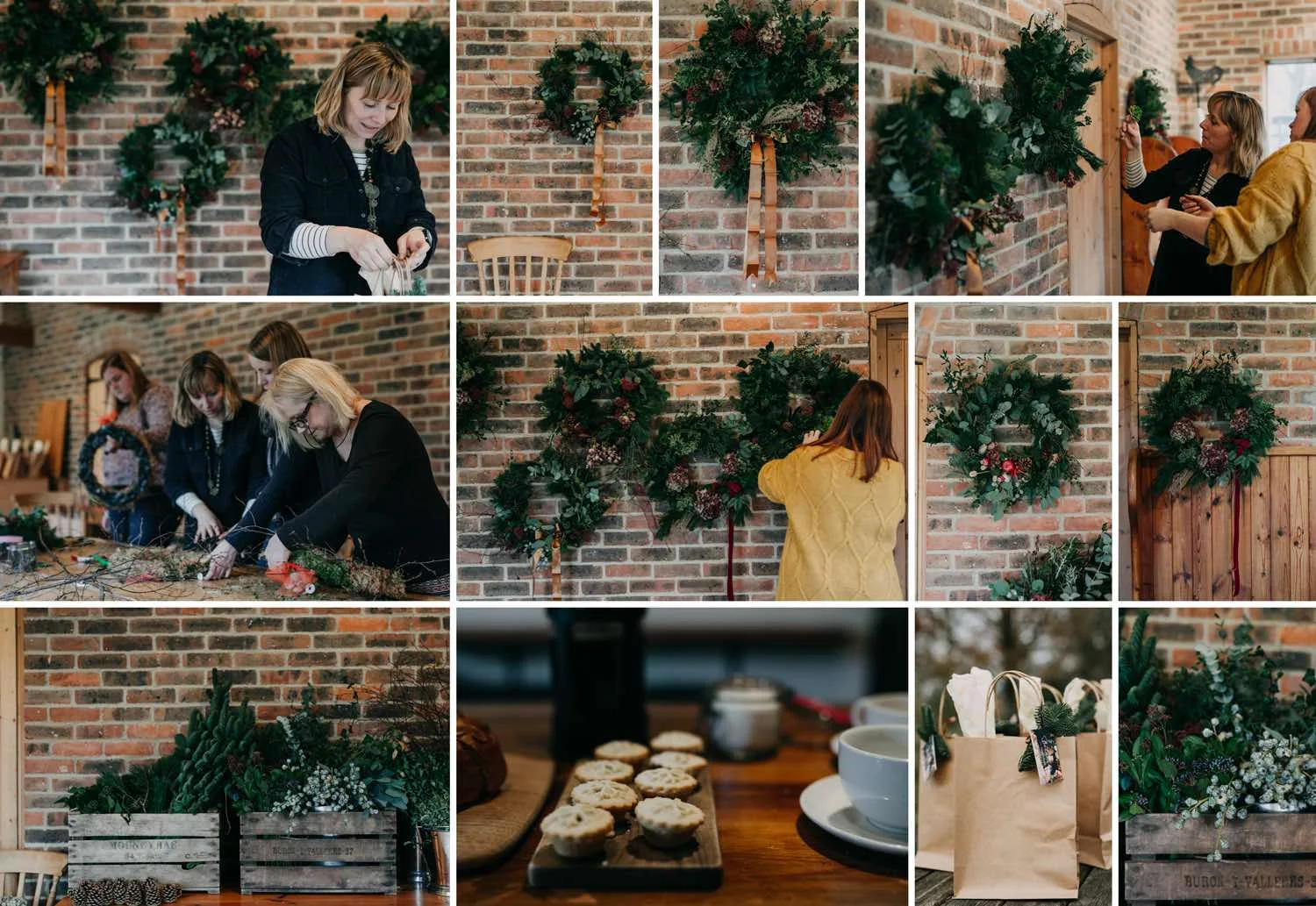 Scenes of Christmas wreath workshop in Sussex barn