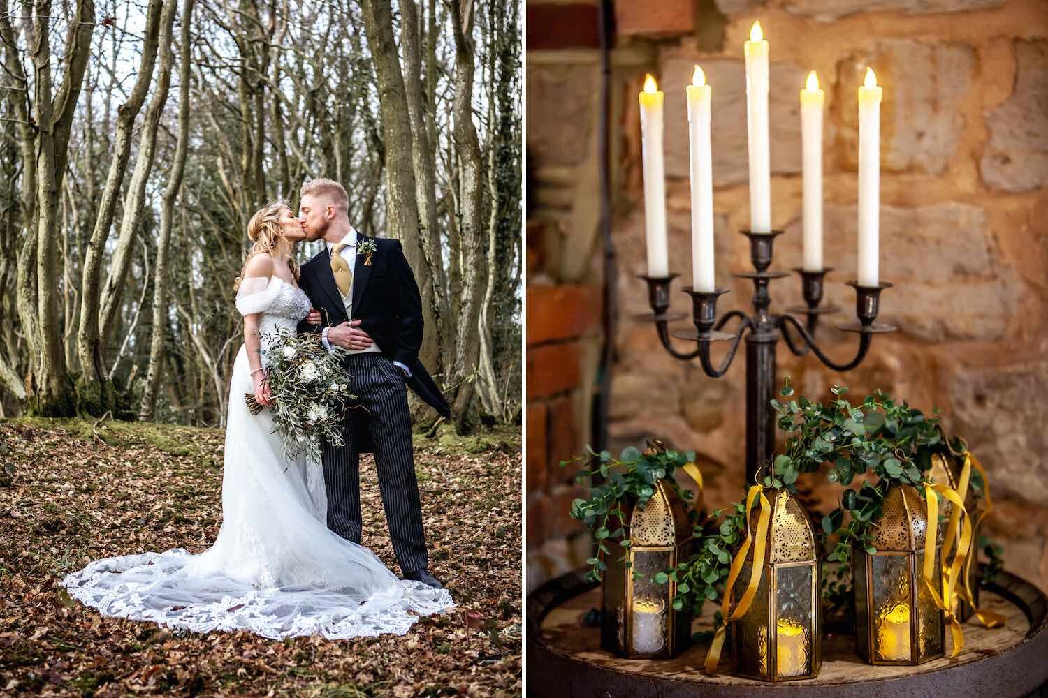 Winter wedding couple and lanterns