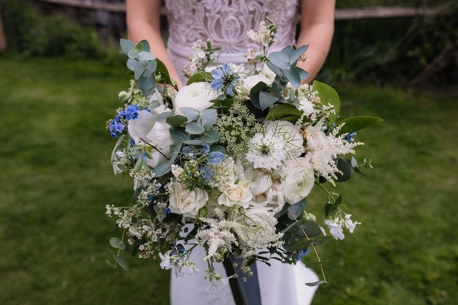 Blue and white spring bridal bouquet