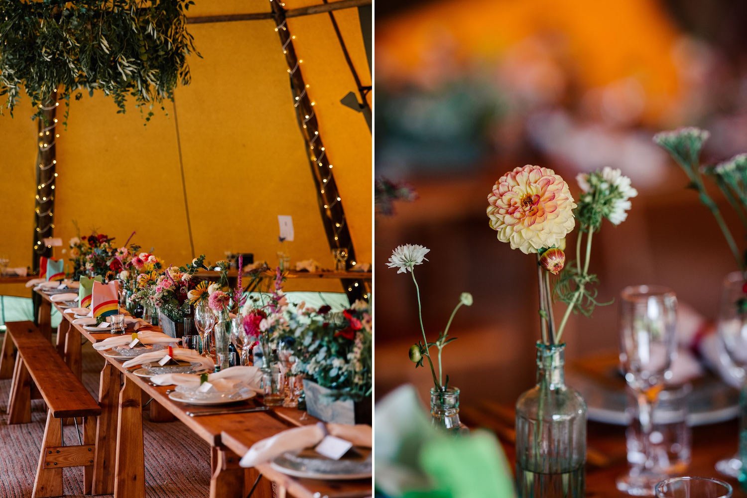 Farm tent wedding flowers decor