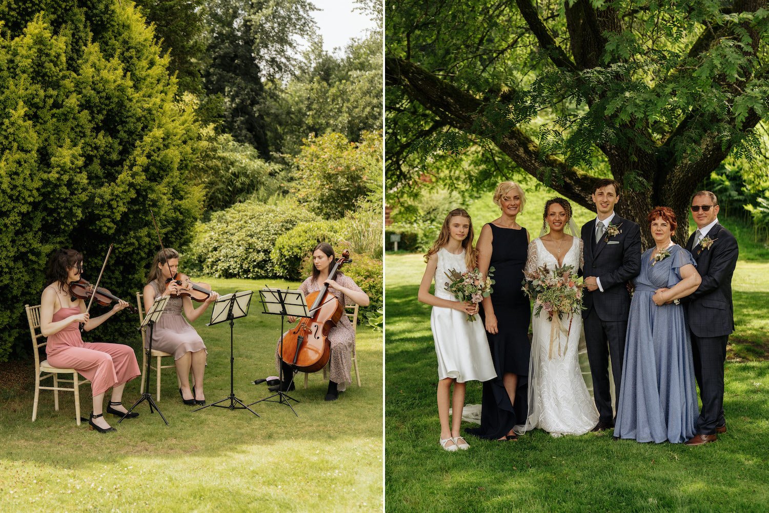 Wedding chamber orchestra and family group photo