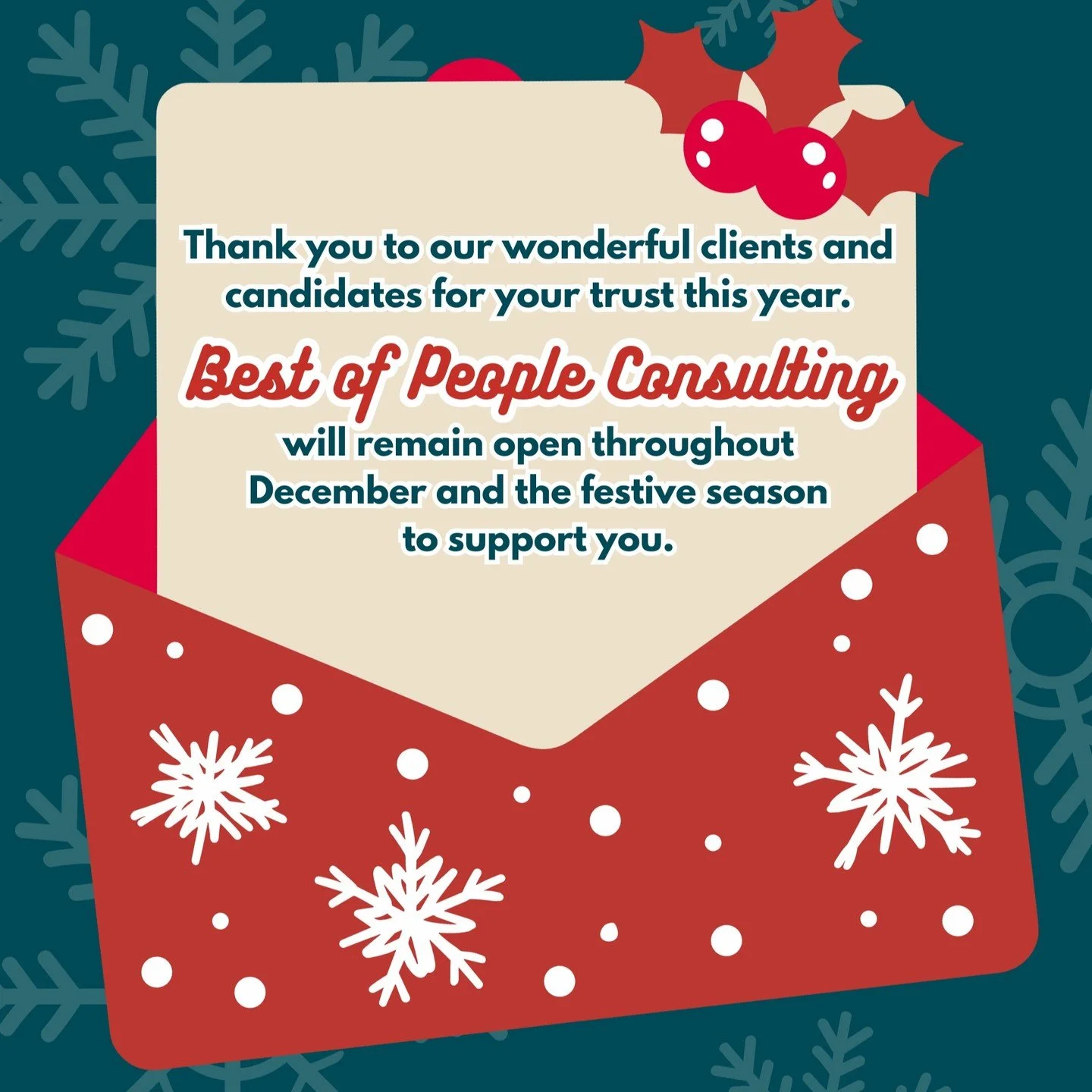 As we head into the festive season, we want to thank our wonderful clients and candidates for your continued trust. Our doors remain open throughout December&mdash;we're here whenever you need us! Happy holidays! 🎄✨