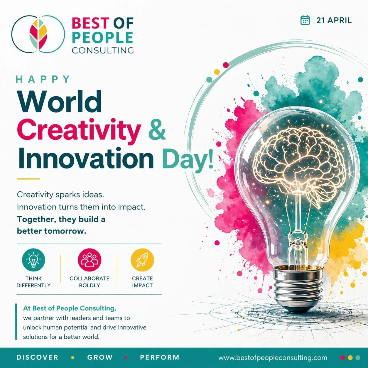 Creativity is where possibility begins.
Innovation is how it becomes impact.

At Best of People Consulting, we believe that unlocking human potential is the foundation of both.

Today, we celebrate the thinkers, the challengers, and the builders of b