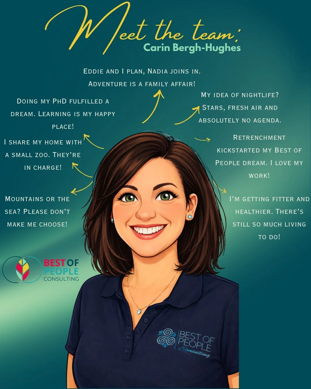 Meet the Team: Carin Bergh-Hughes 💛

Carin is the founder of Best of People Consulting, where her curiosity about people and love for her work come together. Starting her own business was always the dream. Retrenchment provided the unexpected push, 