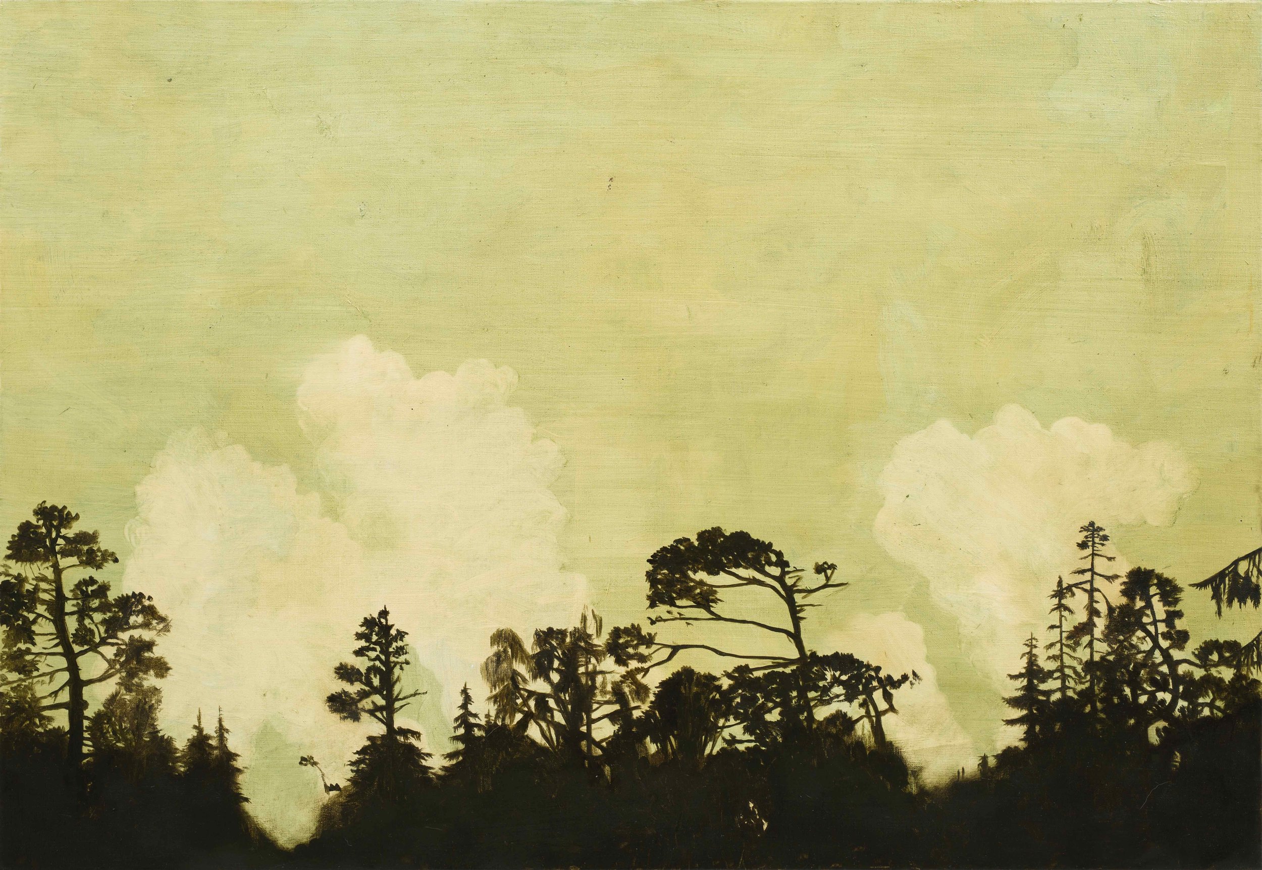   Skogrand, lette skyer og grønn himmel  76x110 cm opl 2015    