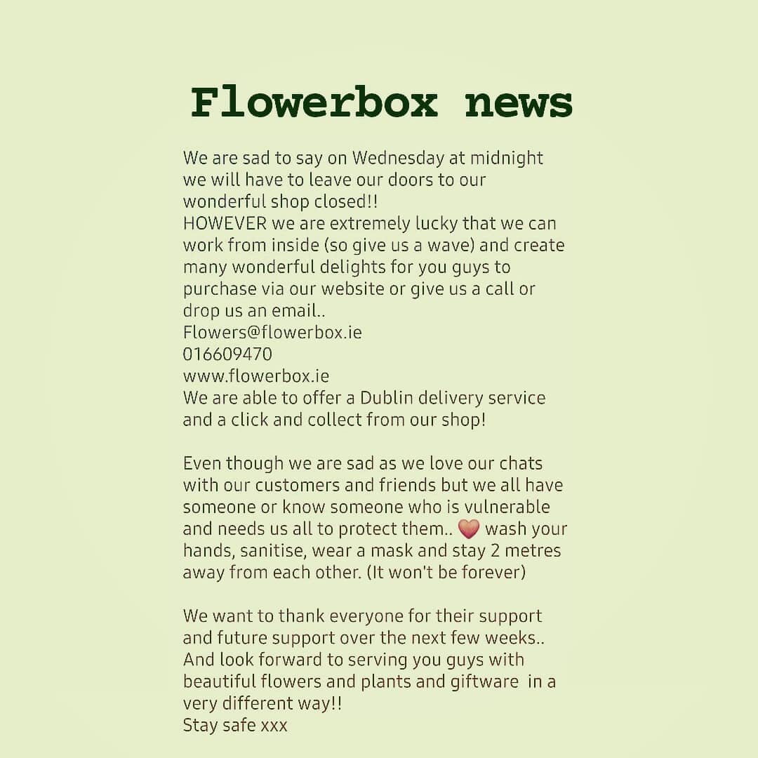 #flowerboxdub #covidnews #staysafe #shoplocaldublin #dublindeliveries #clickandcollect #mountmerrion