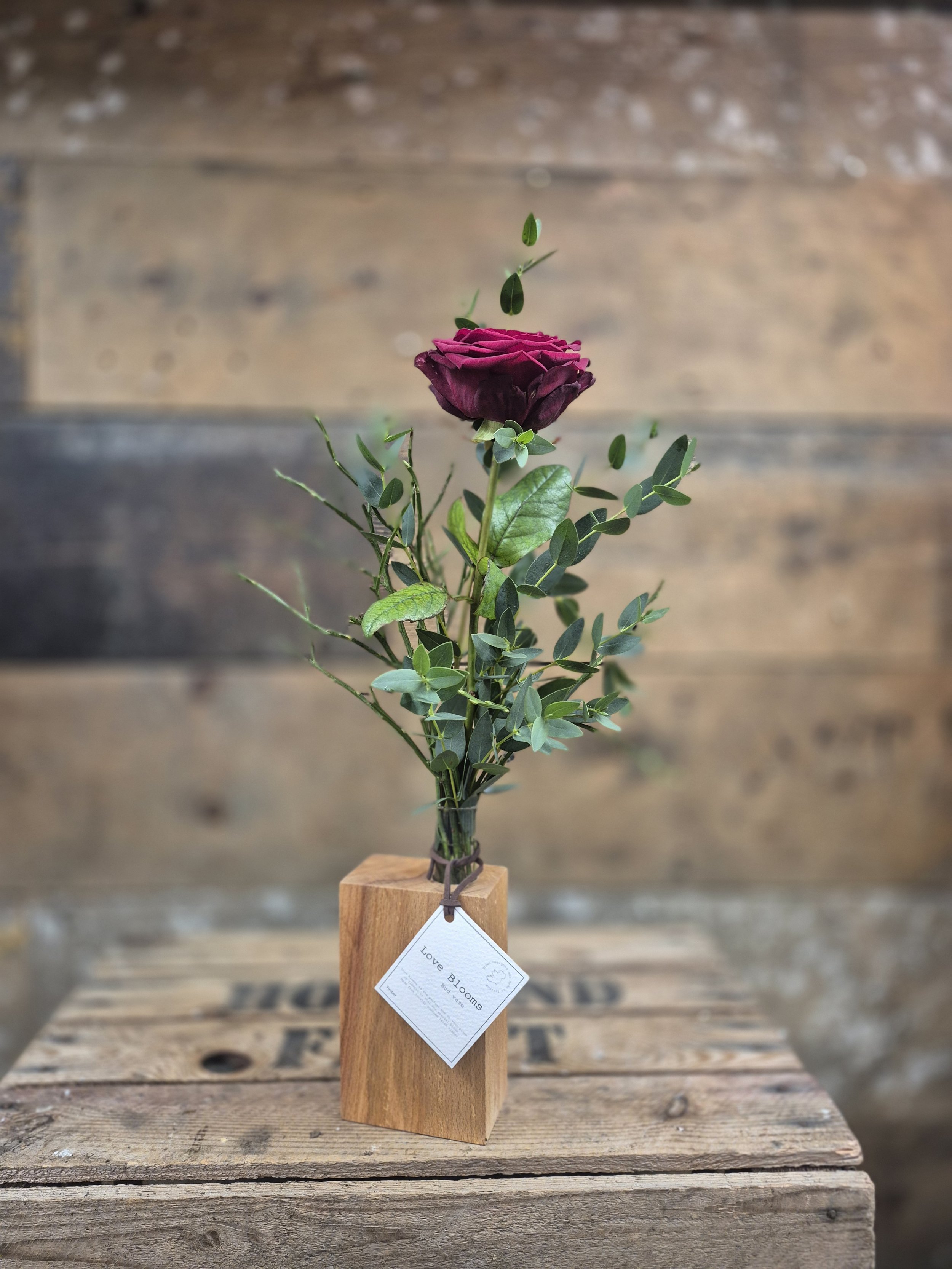 "Just the ticket"  Single rose in handmade Irish wooden vase"