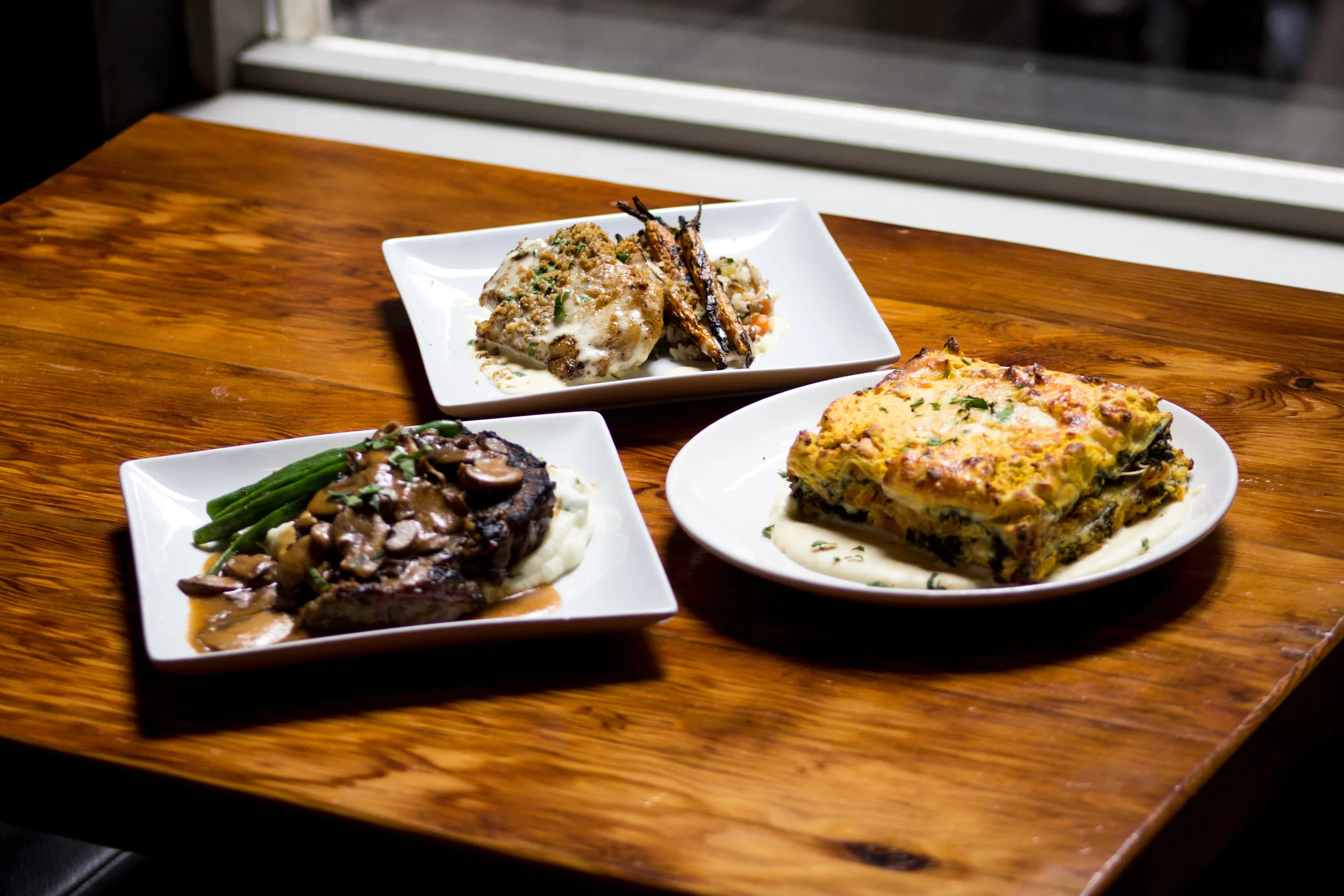 Grilled Meatloaf, Baked Cod, Winter Vegetable Lasagna. Umm, comfort food.
