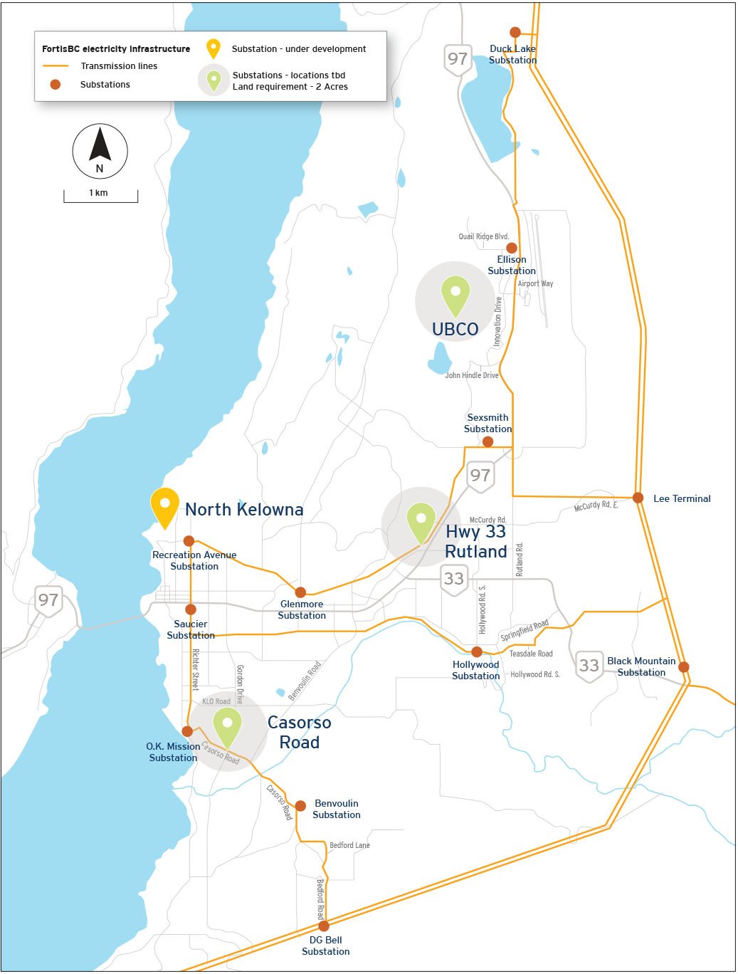 Map showing electrical grid substations in Kelowna