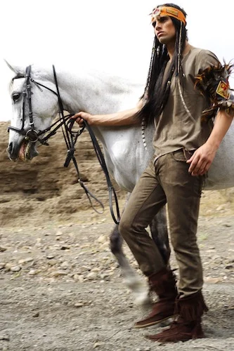 Mona's American Indian Showpiece Jewellery - headpiece on model withn Horse.jpg