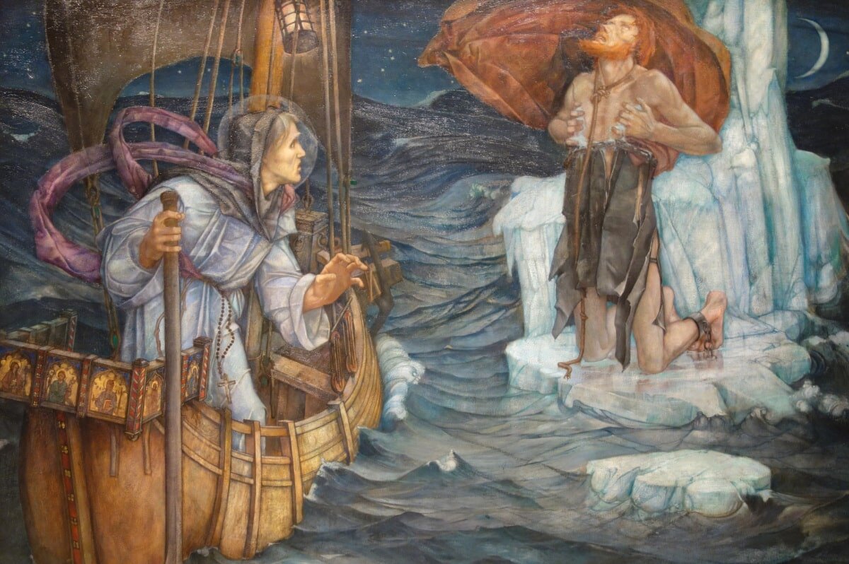 A pretty gory depiction of another supposed ‘patron saint for travellers’: St. Brendan of Clonfert (on the left).