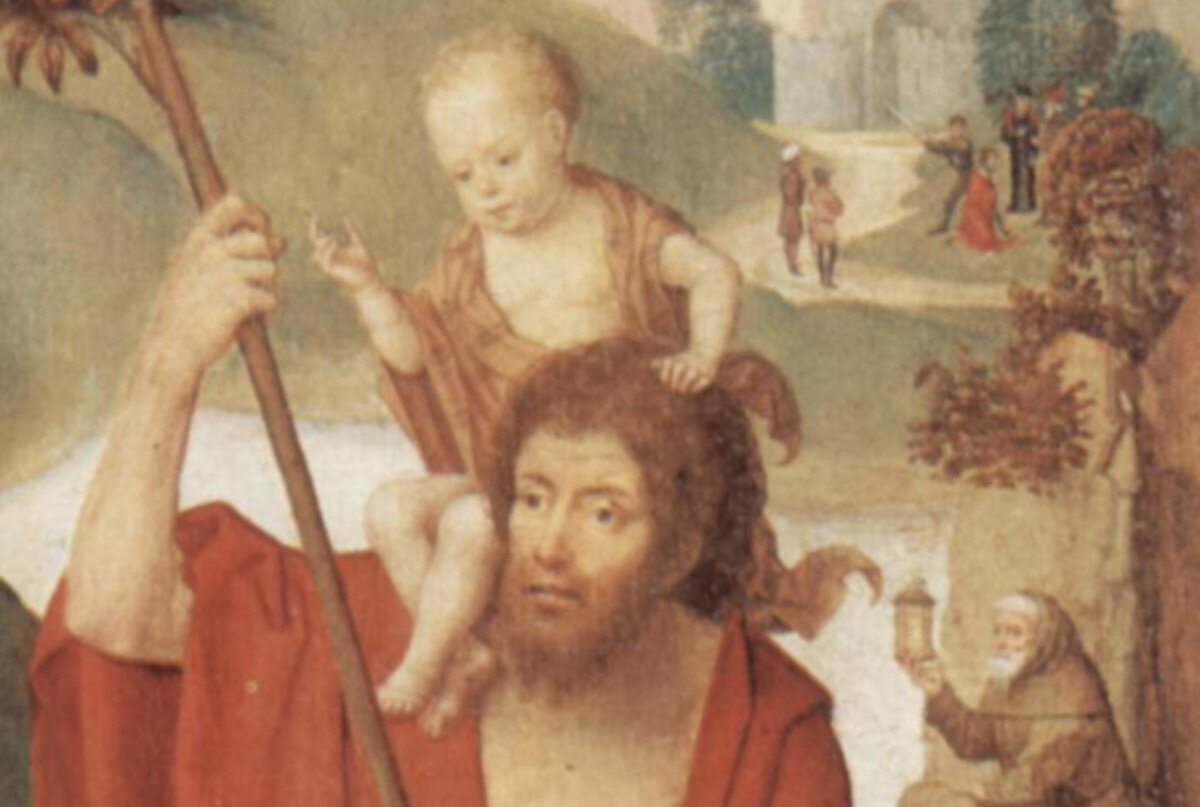 Another (grainy!) image of St. Christopher, saint for travel, carrying Christ across the river.
