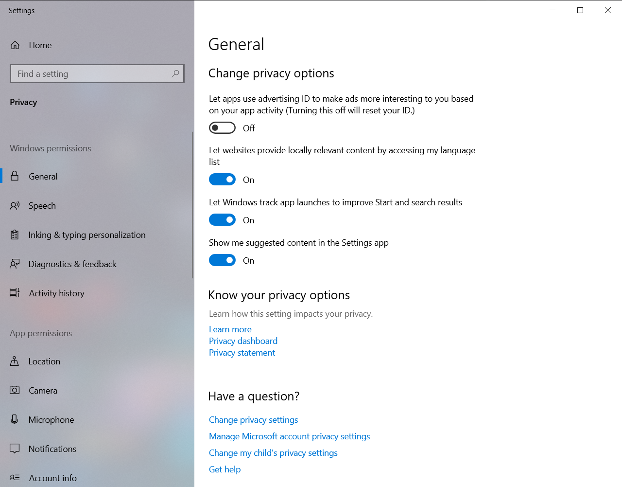 Figure 2. Those three buttons set to “On” need to be clicked on to turn them off. Plus, turn off the zillion other settings in Privacy as well.