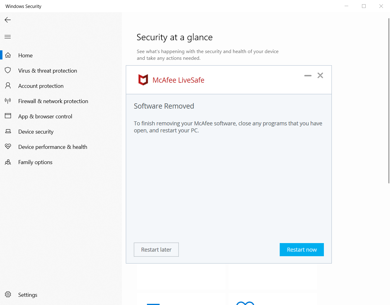 Figure 6. You’re done! In the current versions of Windows Defender, it simply takes over as your anti-virus solution so your computer is safe. Hit Restart now.