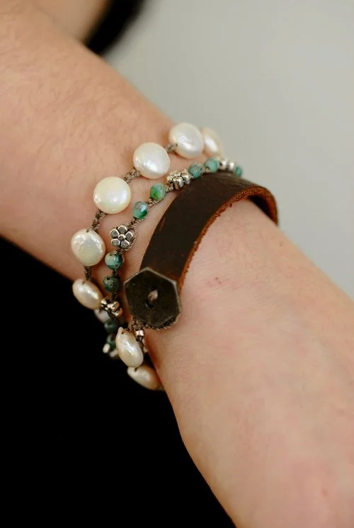 Leather and Stone Wrap Bracelet Pearl and Green Czech Crystal
