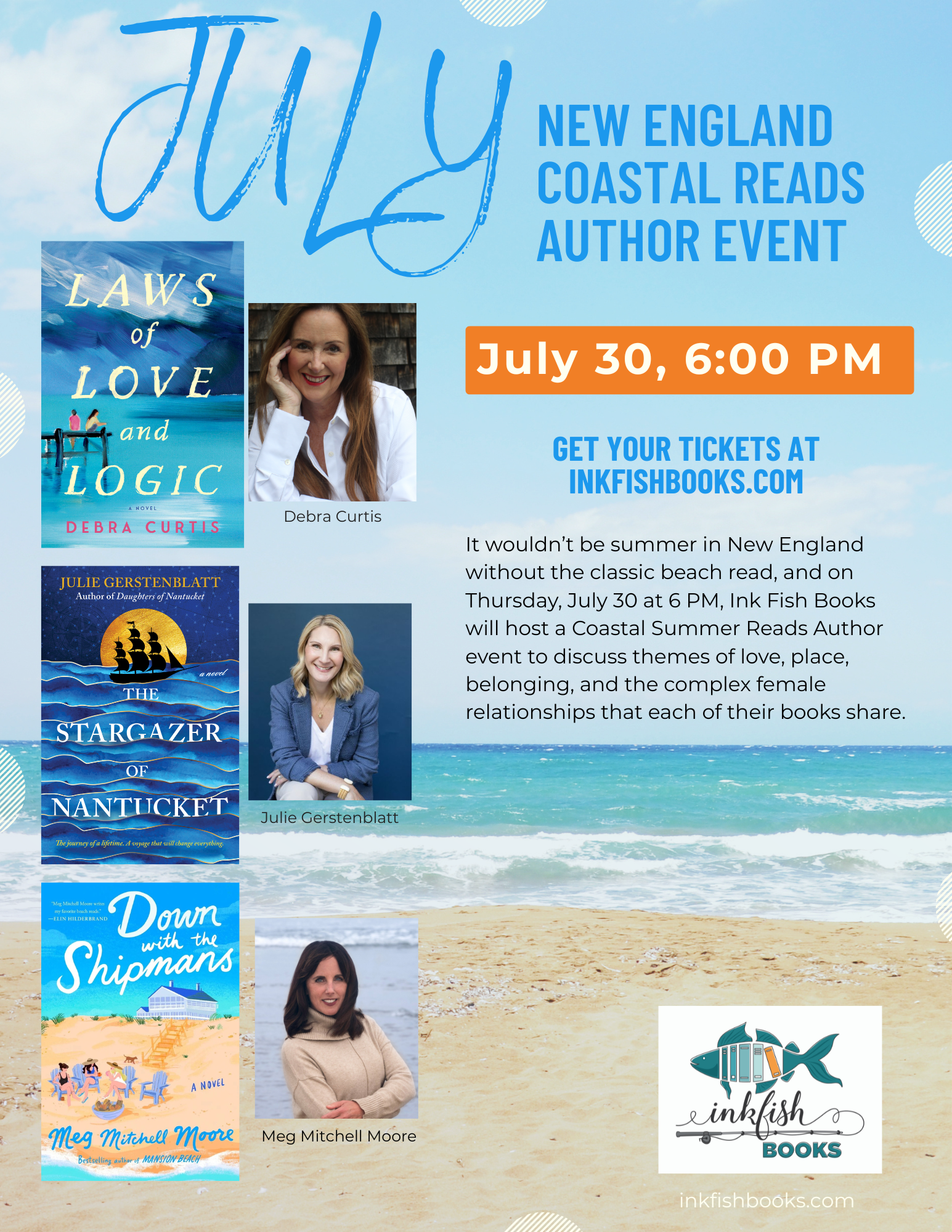 New England Coastal Summer Reads Author Event with Debra Curtis, Julie Gerstenblatt, and Meg Mitchell Moore on July 30 at 6 PM