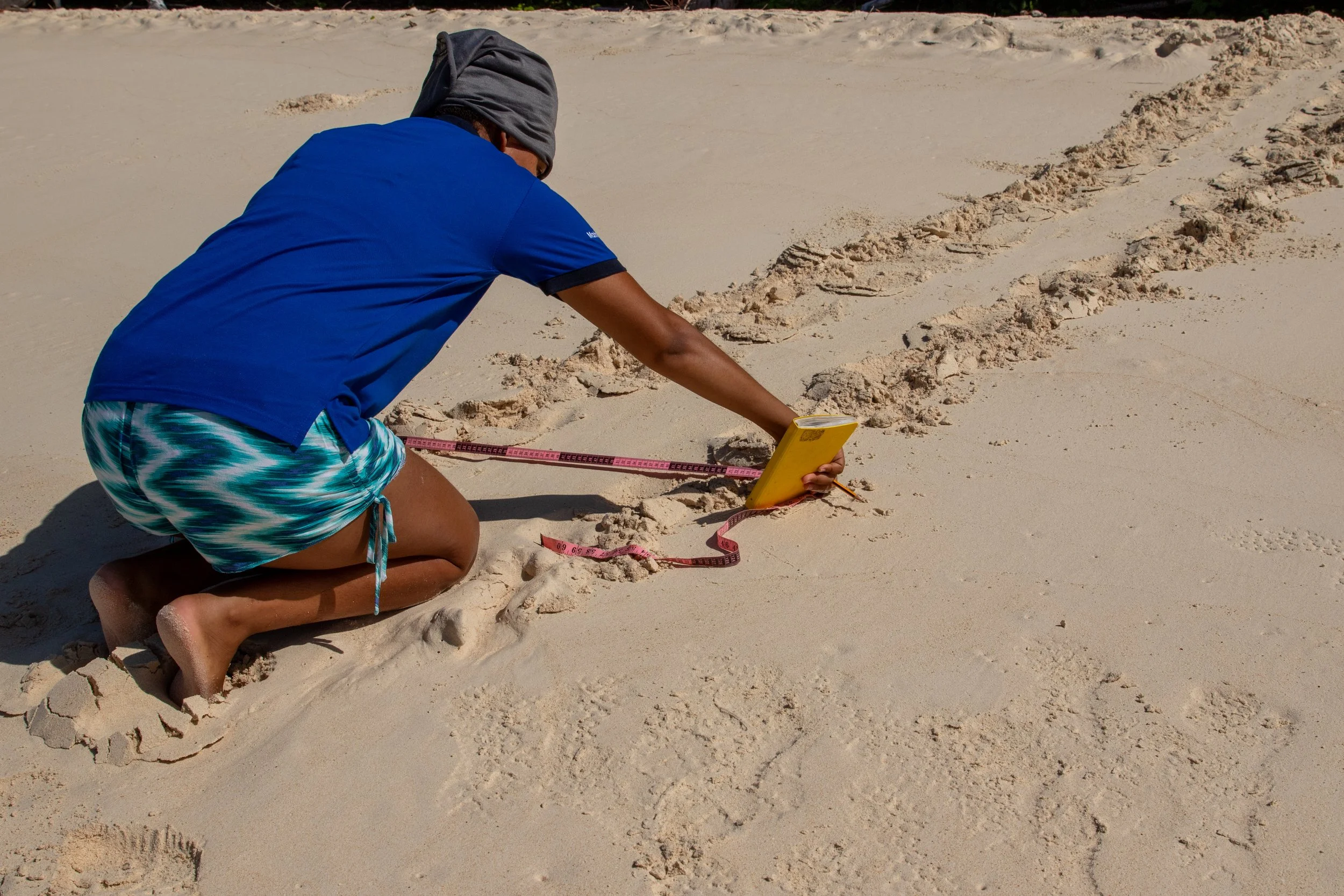 Jemand misst die Entfernung mit einem Geländer an einem Strand, mit einem Notizblock oder Tablet in der Hand.