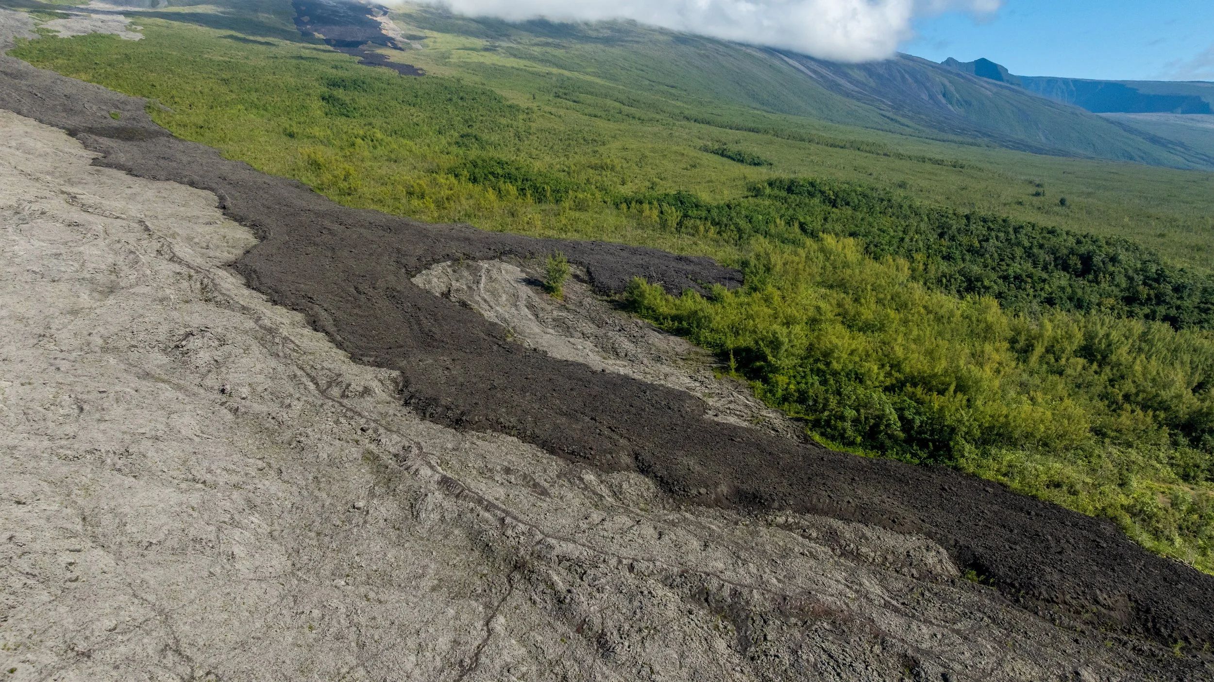 Vulkangestein mit schwarzen Ascheablagerungen und grünen Büschen im Hintergrund, in einer Bergregion unter blauem Himmel.