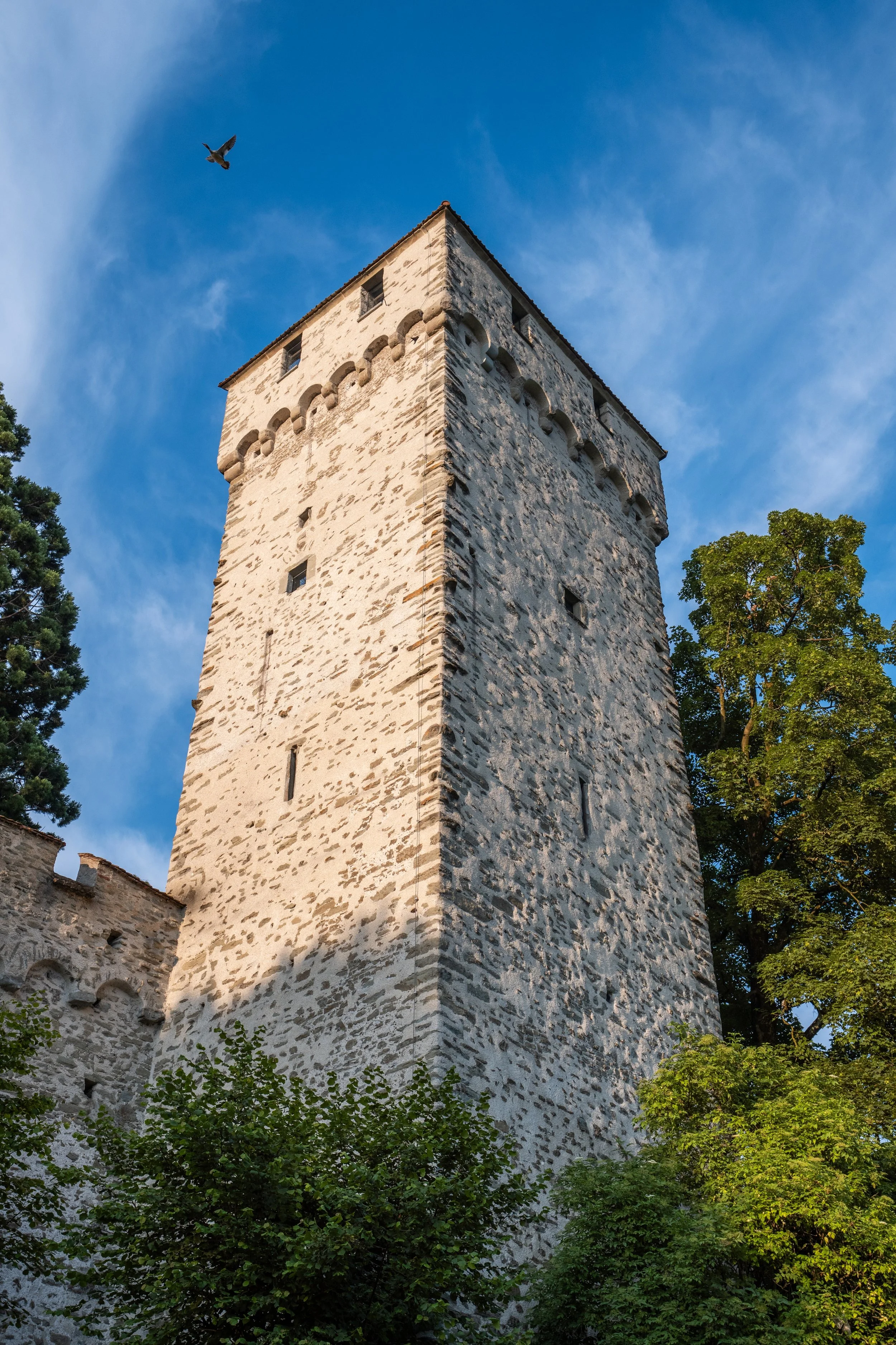 Alter Turm aus Stein mit kleinen Fenstern, umgeben von Bäumen, unter blauem Himmel mit Wolken und einem fliegenden Vogel.