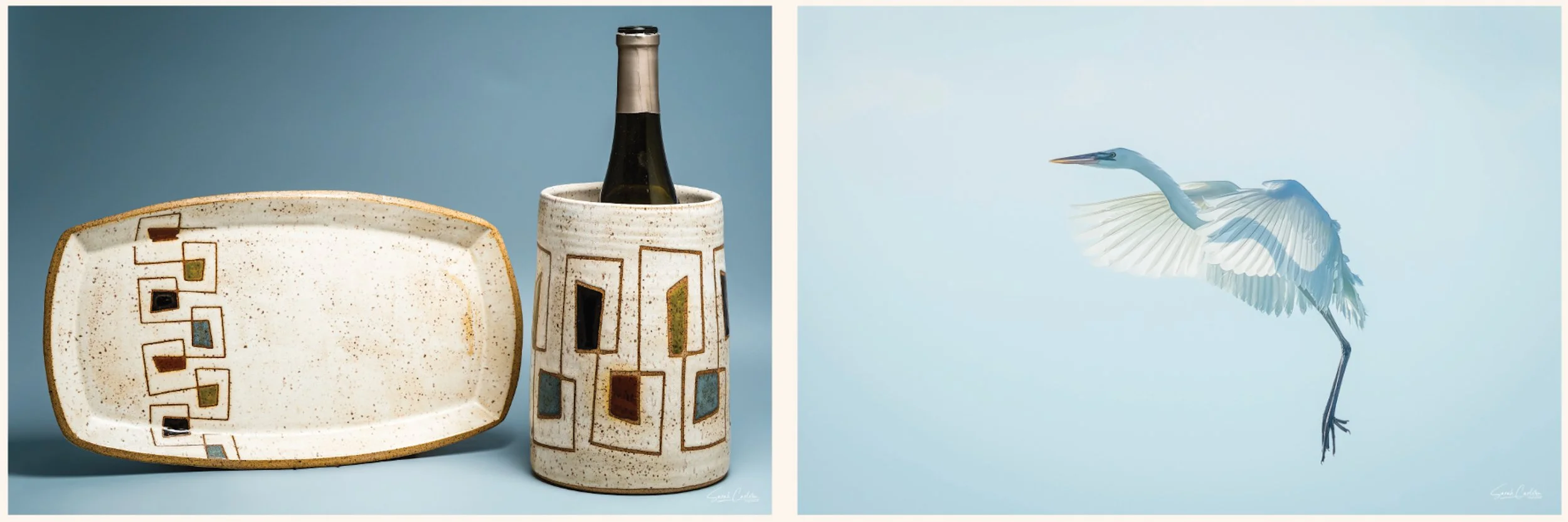 A photo of a platter and wine chiller, plus a photo of a great white heron in flight.