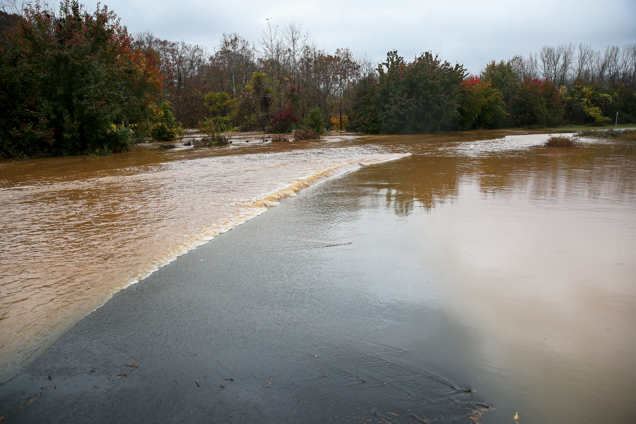 The access road that leads to the boat launch, softball fields and Lewis and Clark Exploratory Center closed Thursday morning, Nov. 12, 2020 due to flooding around Darden Towe Park.