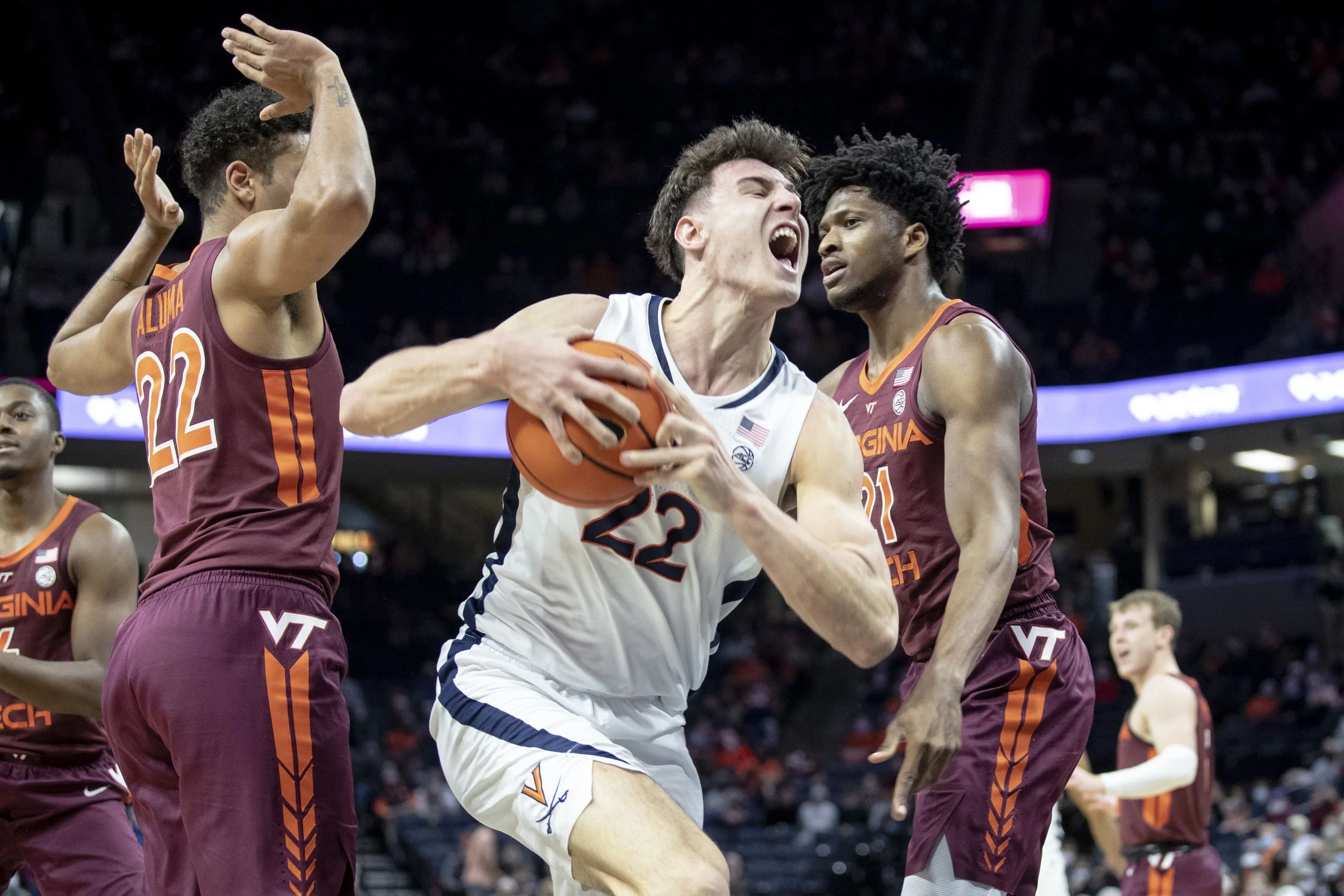  Virginia Cavaliers center Francisco Caffaro (22) holds on the ball during the first half of an NCAA college basketball game at John Paul Jones Arena on Wed, Jan. 12, 2022. 