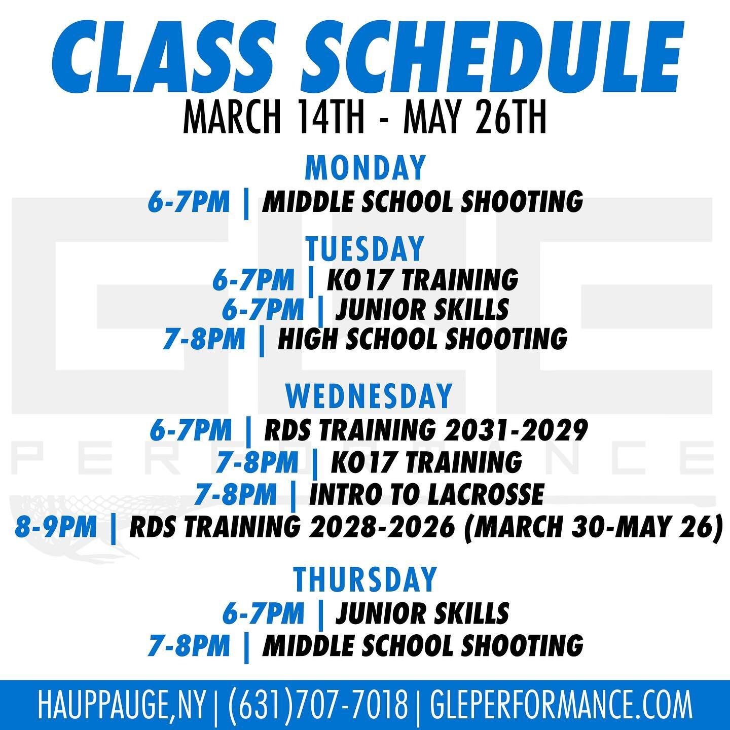 📍GLE SPRING SCHEDULE📍

📚Classes every week Monday - Thursday!! 
🚨New intro to lacrosse, RDS, and KO17 classes!!
🧊 Recovery services offered to all currently GLE members!!

🥍🏭 REGISTER WITH THE LINK IN OUR BIO!

✉️ DM, EMAIL, or CALL US WITH AN