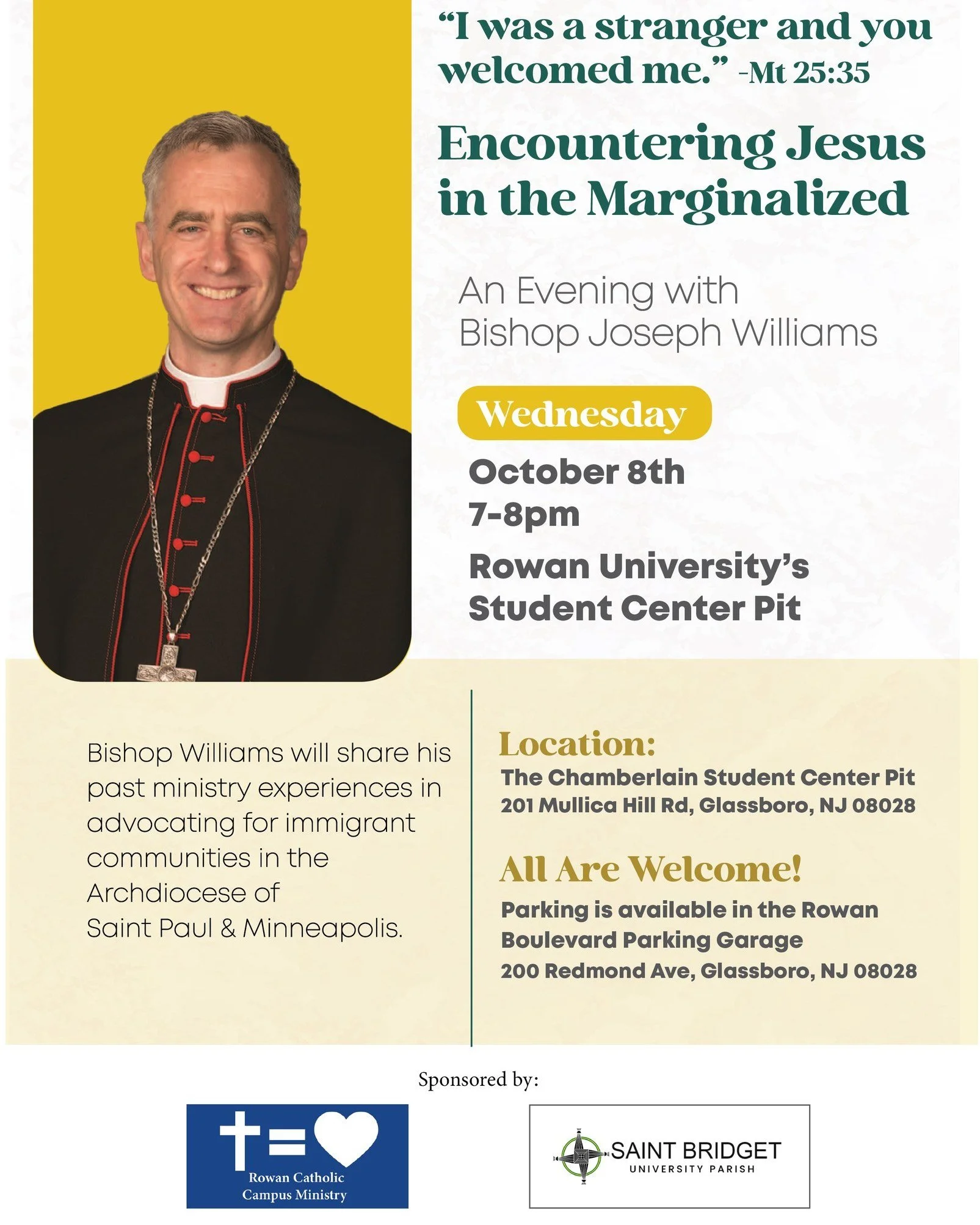 All students are welcome to join us tomorrow, Wednesday, October 8th for free dinner from 6-6:45pm at the Newman House. The Spanish Ministry of St. Bridget Parish will be donating Spanish rice, tacos and chicken for us!

Students and parishioners are