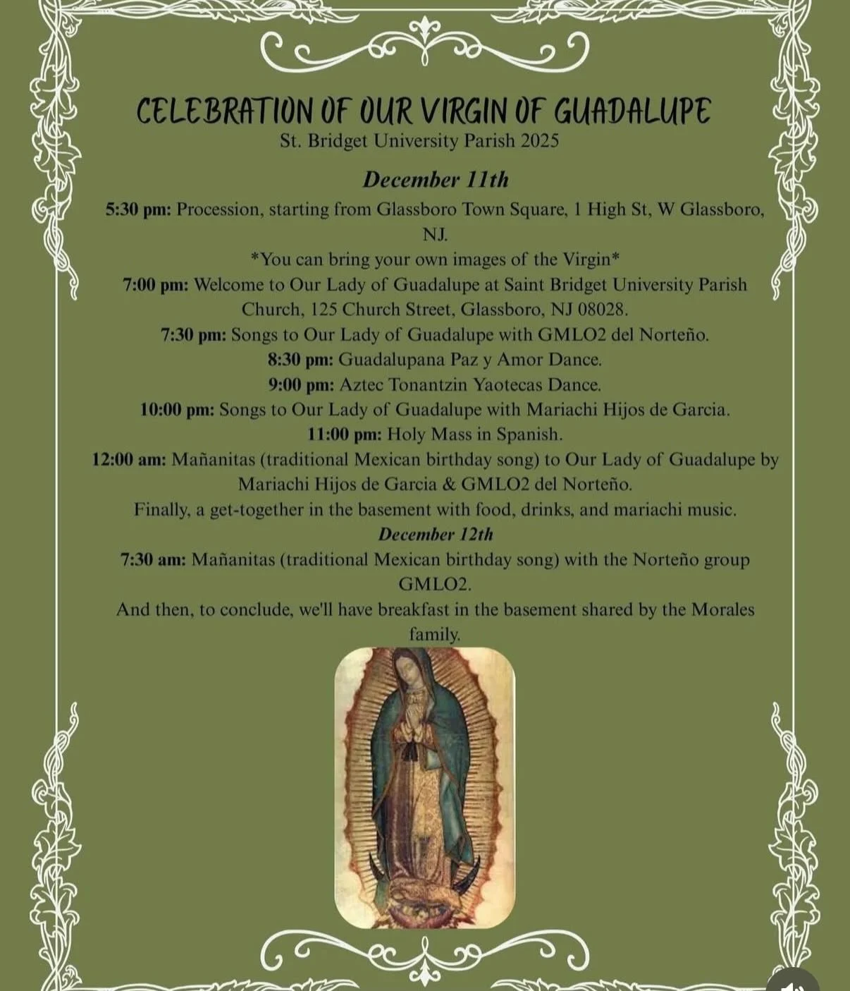 Tomorrow, December 11th we invite you to celebrate the feast of our Virgin Mary of Guadalupe! 

We look forward to sharing this special occasion with you all. 😇

#saintbridgetuniversityparish #ourladyofguadalupe