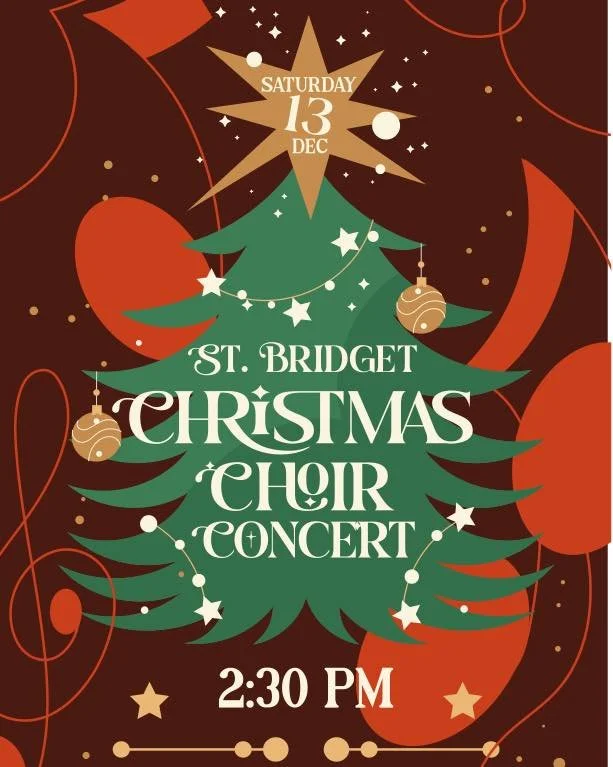 Please join us at 2:30pm today for our St. Bridget Christmas Choir Concert! Joining us will be a string quartet and other local singers. Our choir has worked very hard preparing this program, so please come out and celebrate with us!

#saintbridgetun