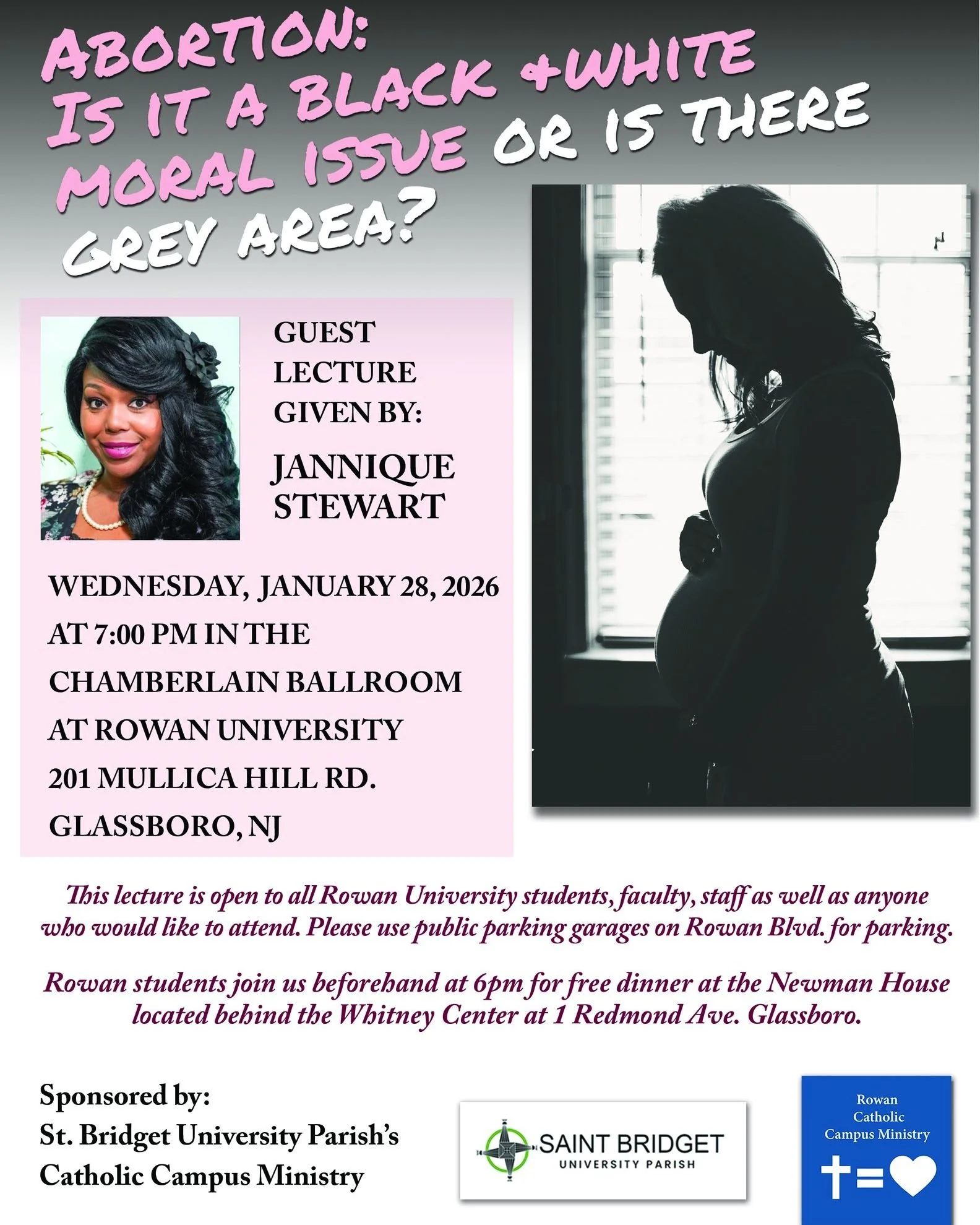 Mark your calendars, next Wednesday's meeting is open to all who would like to attend!

ALL are invited on Wednesday, January 28th at the 7pm in Chamberlain Student Center Ballroom (top floor) for a lecture by national speaker, Jannique Stewart title