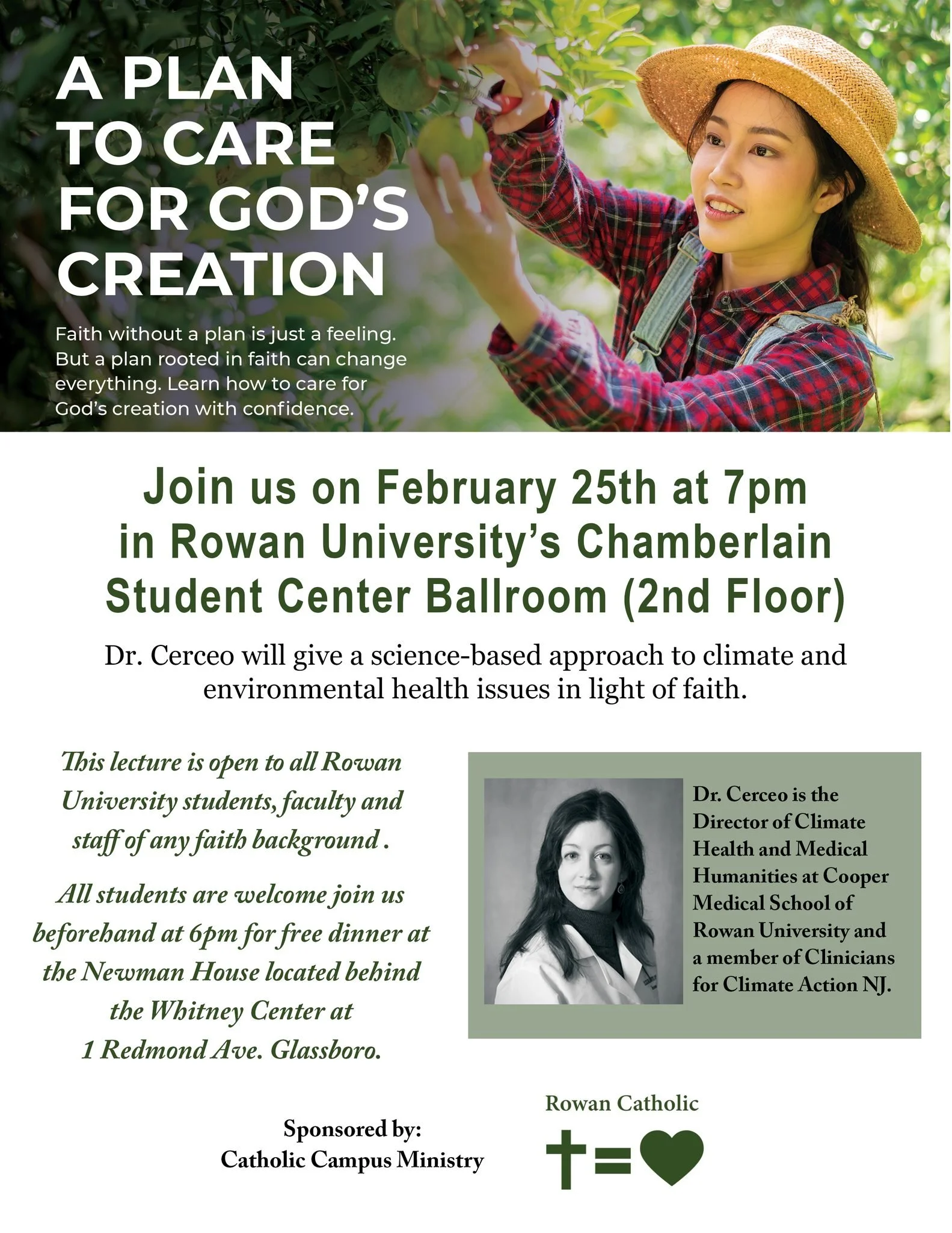 Next week, all parishioners, Rowan faculty, staff and students are welcome on Wednesday, February 25th at 7pm on campus in the Student Center Ballroom (2nd floor) as we will host  guest speaker, Elizabeth Cerceo, who is the Chair for Physician Engage
