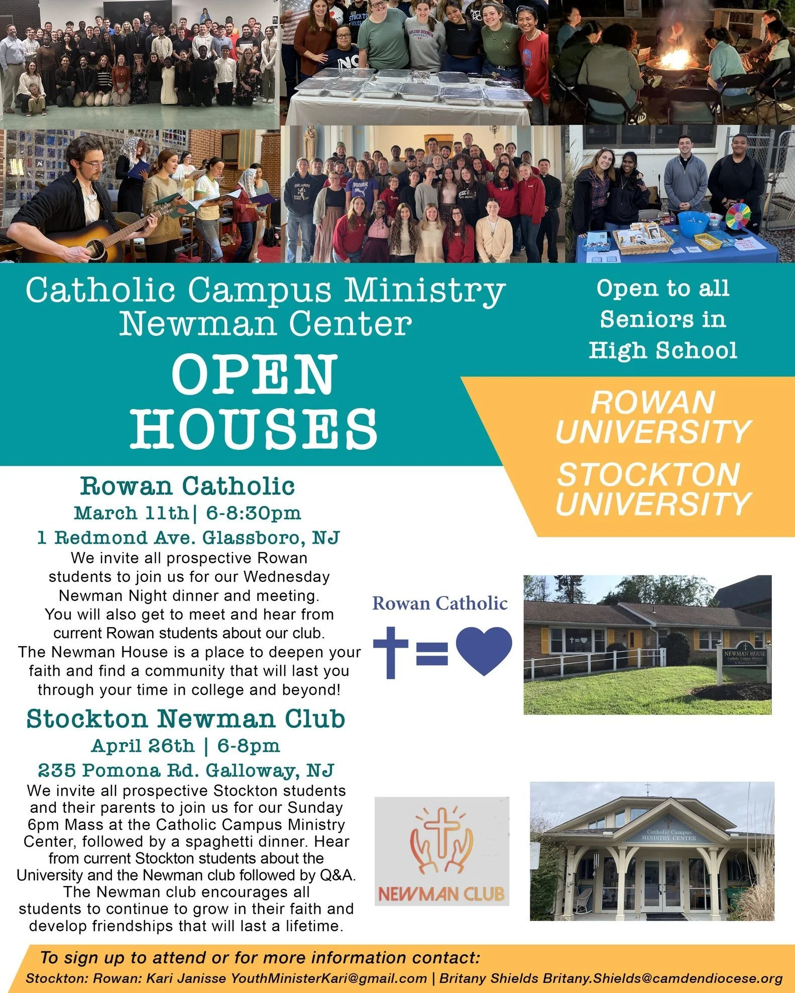 We invite any prospective Rowan University or Stockton University High School seniors to our upcoming Newman House Open Houses. 

Rowan will host theirs next week on March 11th and Stockton will host theirs on April 26th.

We look forward to sharing 