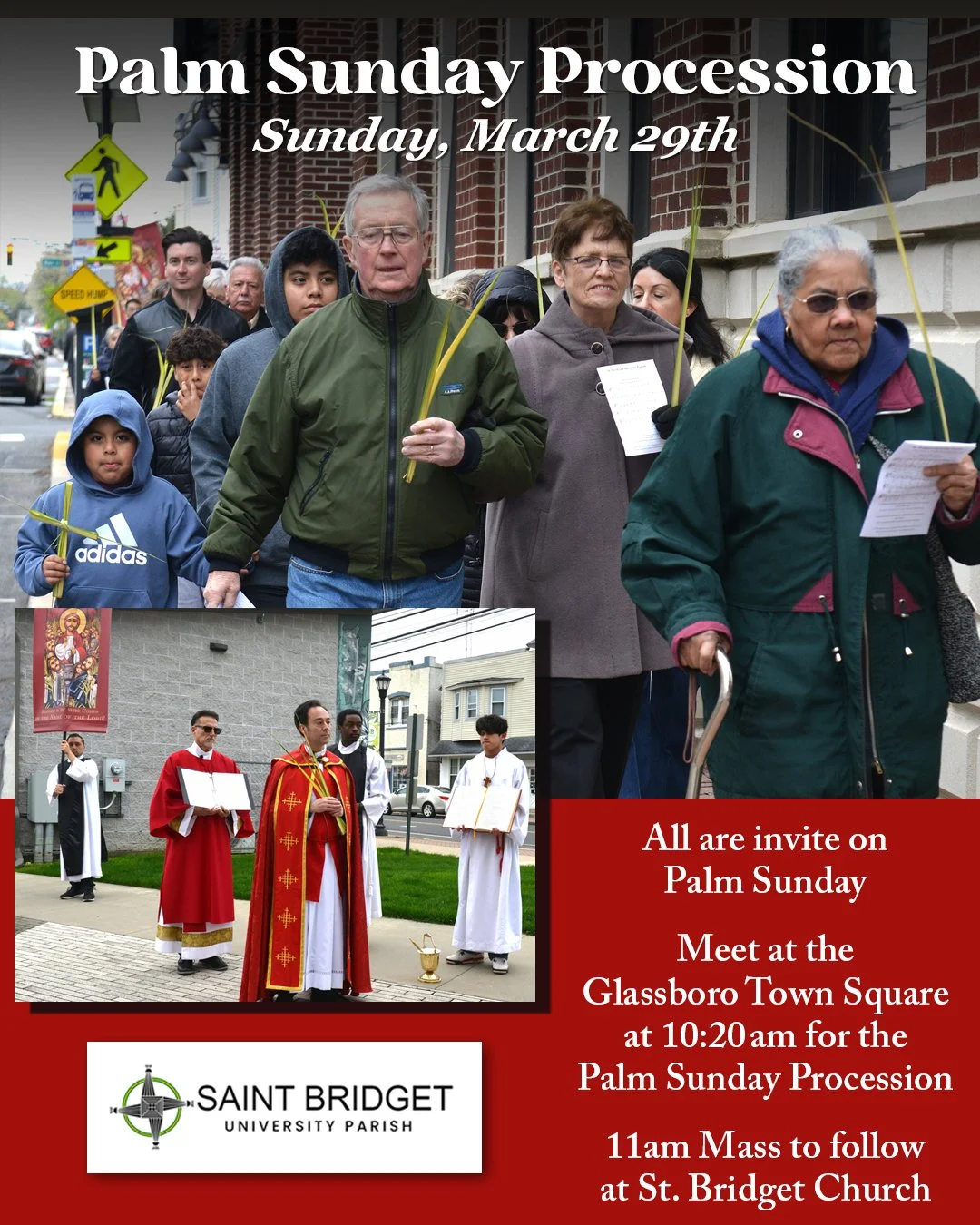 All are invited next Sunday to our Palm Sunday Procession.

Meet in the Glassboro Town Square (near the brewery) at 10:20am for our Palm Sunday Procession before the 11am Mass.

#stbridgetuniversityparish  #rowancatholic #rowanuniversity  #glassboro 