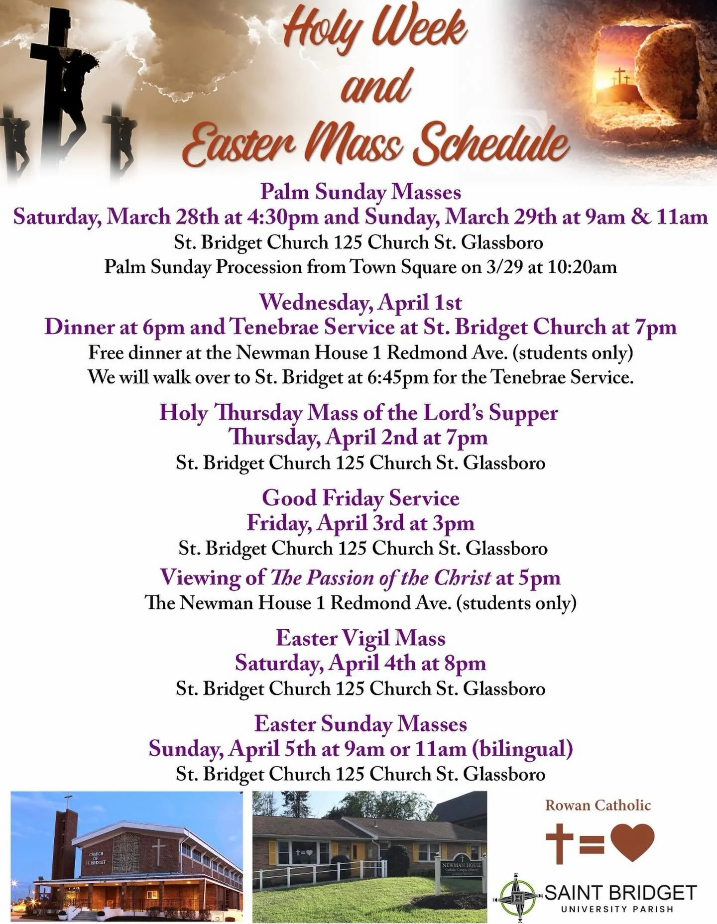 Our Holy Week/Tridiuum and Easter Schedule for St. Bridget University Parish. All are welcome! 🙏🏻✝️

#rowancatholic #stbridgetuniversityparish #rowanuniversity #holyweek  #easter