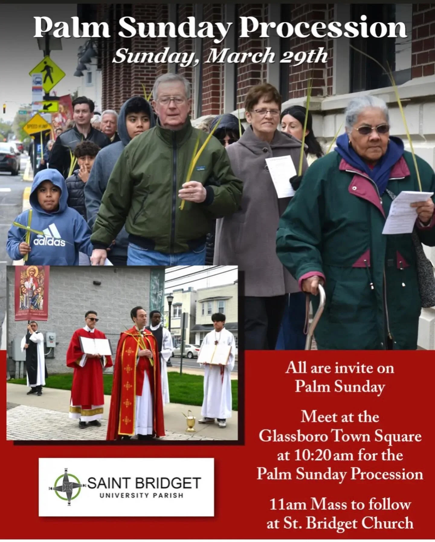 Please join us at the Town Square for our Palm Sunday procession to our 11am Solemn Mass at St. Bridget ! #rowanuniversity #rowancatholic #stbridgetuniversityparish #glassboro