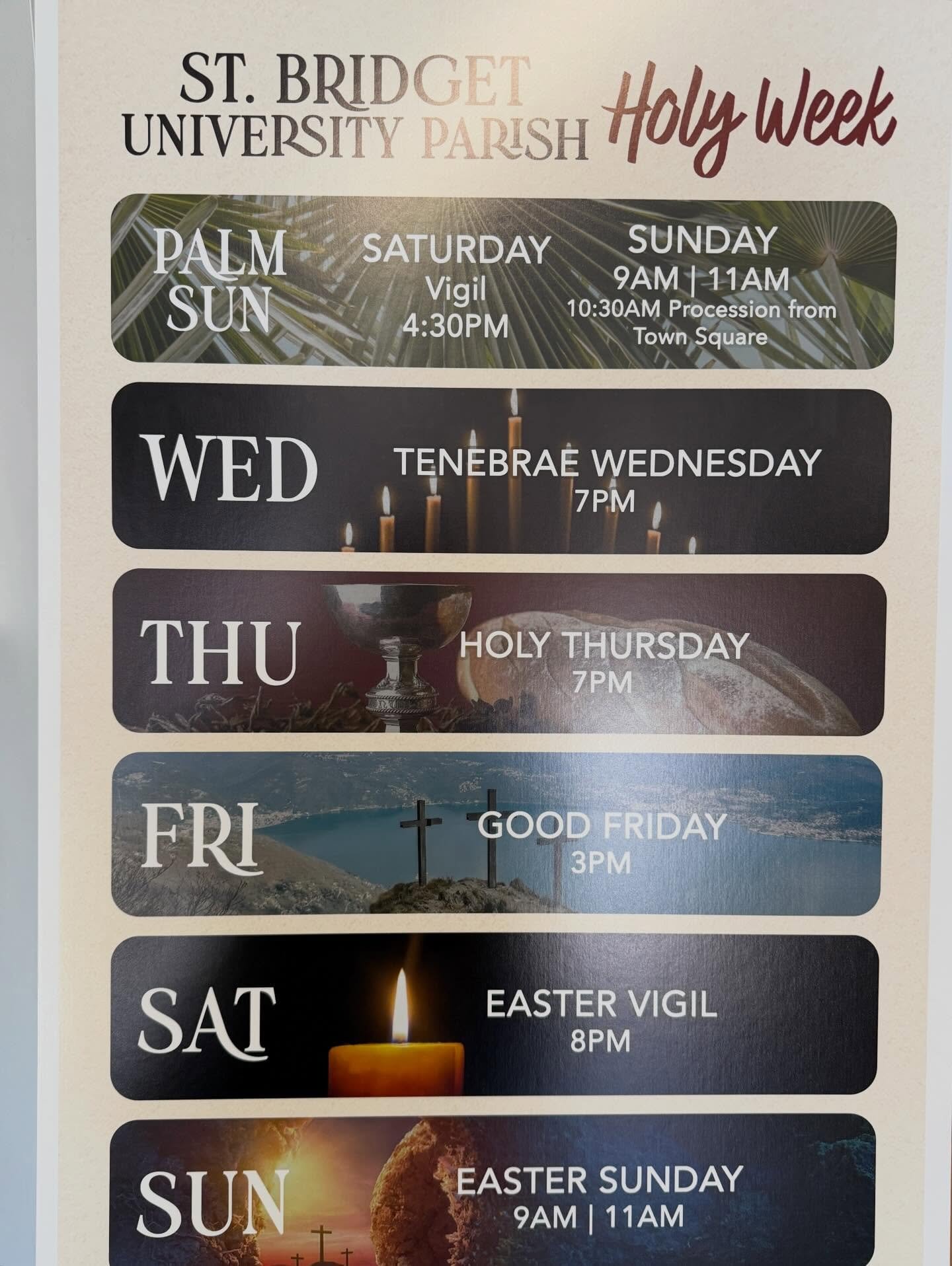 Our Holy Week services &amp; Easter Mass Schedule for St. Bridget University Parish. 

Also details of Wednesday night&rsquo;s Tenebrae service. 
All are welcome! 🙏🏻✝️

#rowancatholic #stbridgetuniversityparish #rowanuniversity #holyweek  #easter