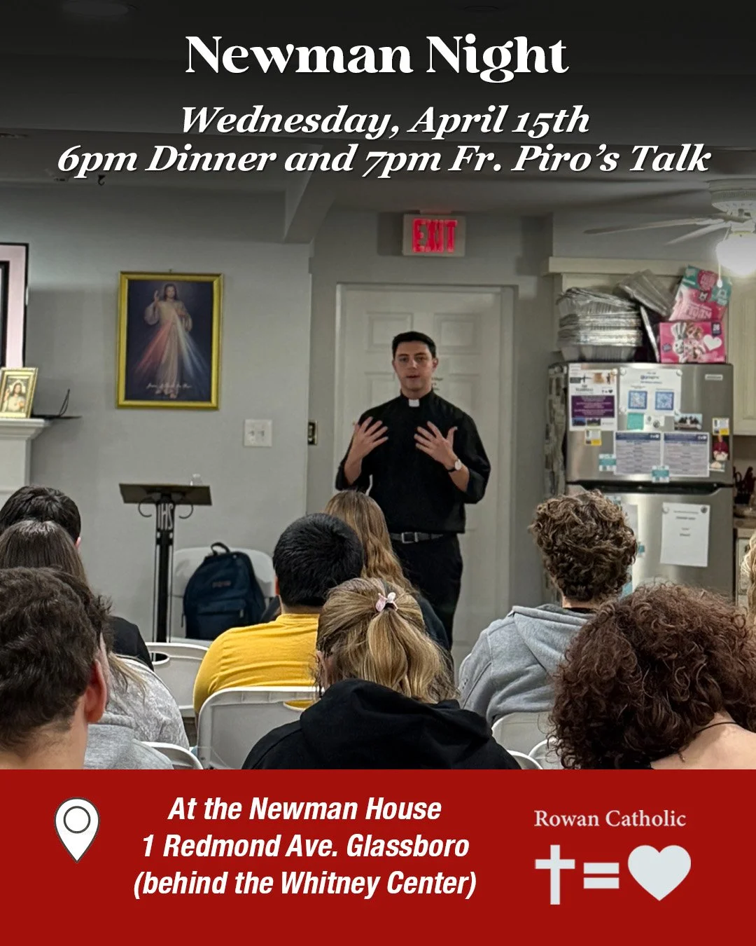 Students join us tomorrow night, Wednesday, April 15th for free Sicilian pizza dinner at the Newman House at 6pm. 

Followed by our meeting at 7pm with Fr. Piro Part 3 of his Faith Talk Series, &ldquo;Go Out to All the World: A Guide on Evangelizatio