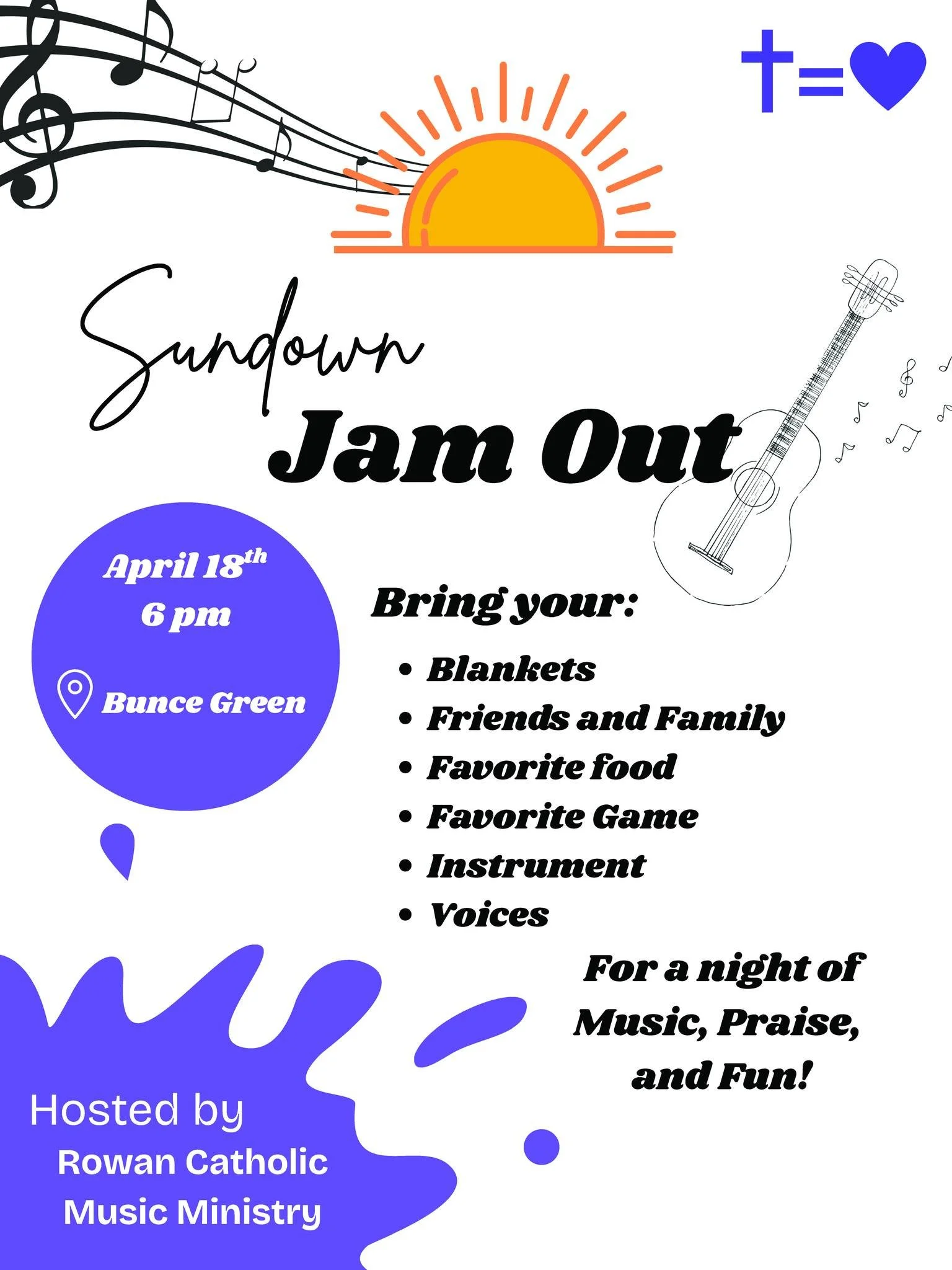 Join us for a Sundown Jam Out Session this Saturday April 19th hosted by our Student Music Ministry. Meet on Bunce Green at 6pm for a night of Music, Praise, and Fun!  Bring a blanket, food and open heart to sing! 🎶 

#rowancatholic #rowanuniversity