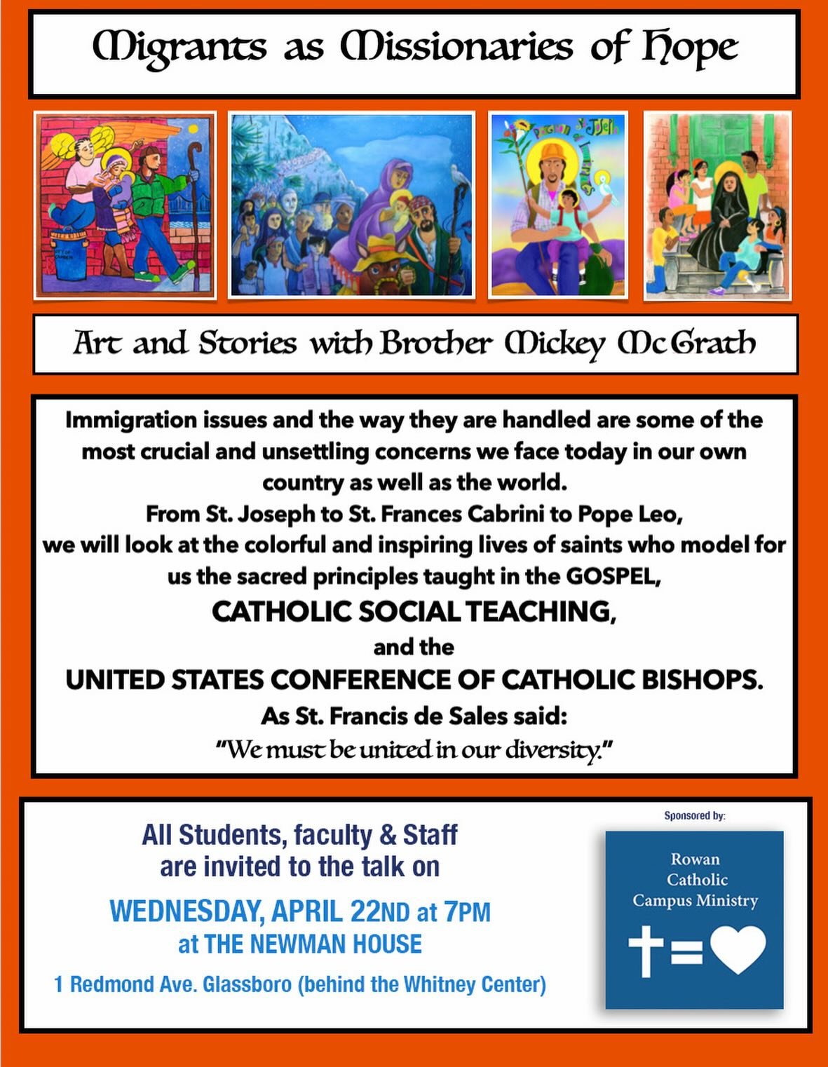 Rowan students, faculty &amp; staff join us tomorrow Wednesday, April 22nd for our Newman Night!

Students come for free dinner at the Newman House at 6pm. We will serve rice, chicken, ham and salad. 

Students, faculty &amp; staff come for the meeti