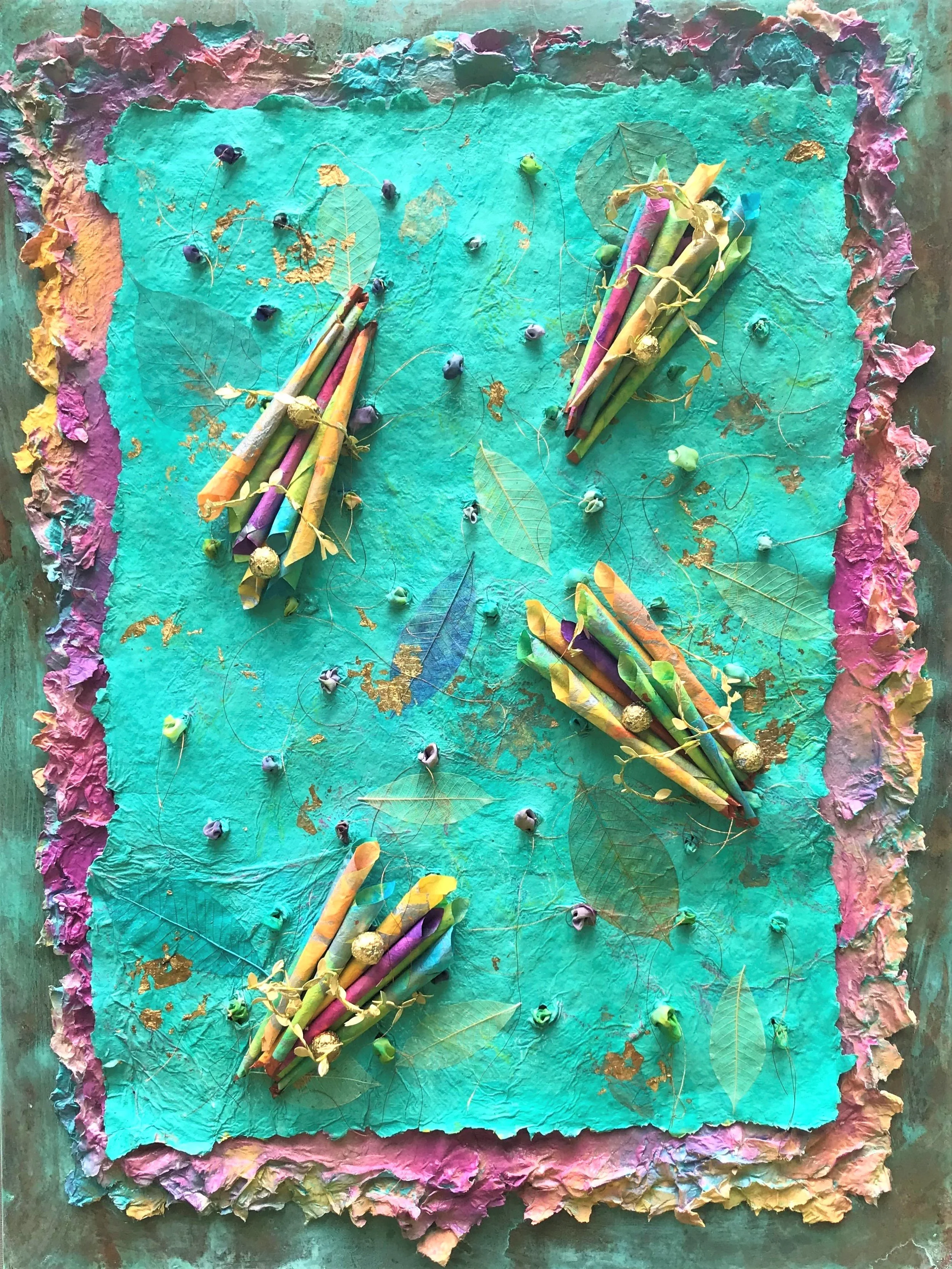 Peggy Banks_Morning  in Morocco_ abaca, copper, acrylic, thai papers, silk threads, marbled silk , gold leaf, skelton leaves, gold wire_ 40h x 30w _2,800.JPG