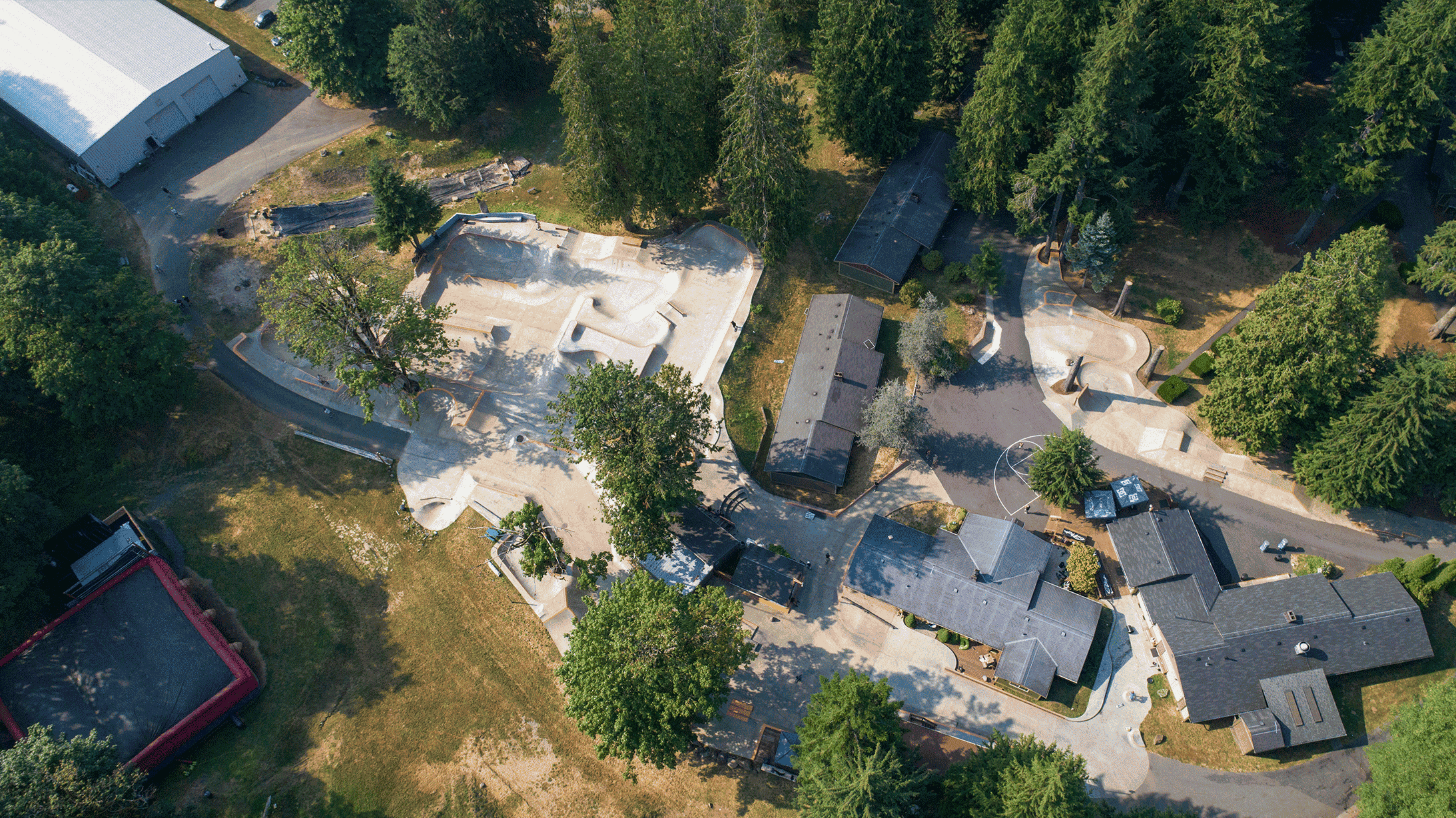 An aerial view of a skatepark with various ramps and concrete features, surrounded by trees and residential houses.